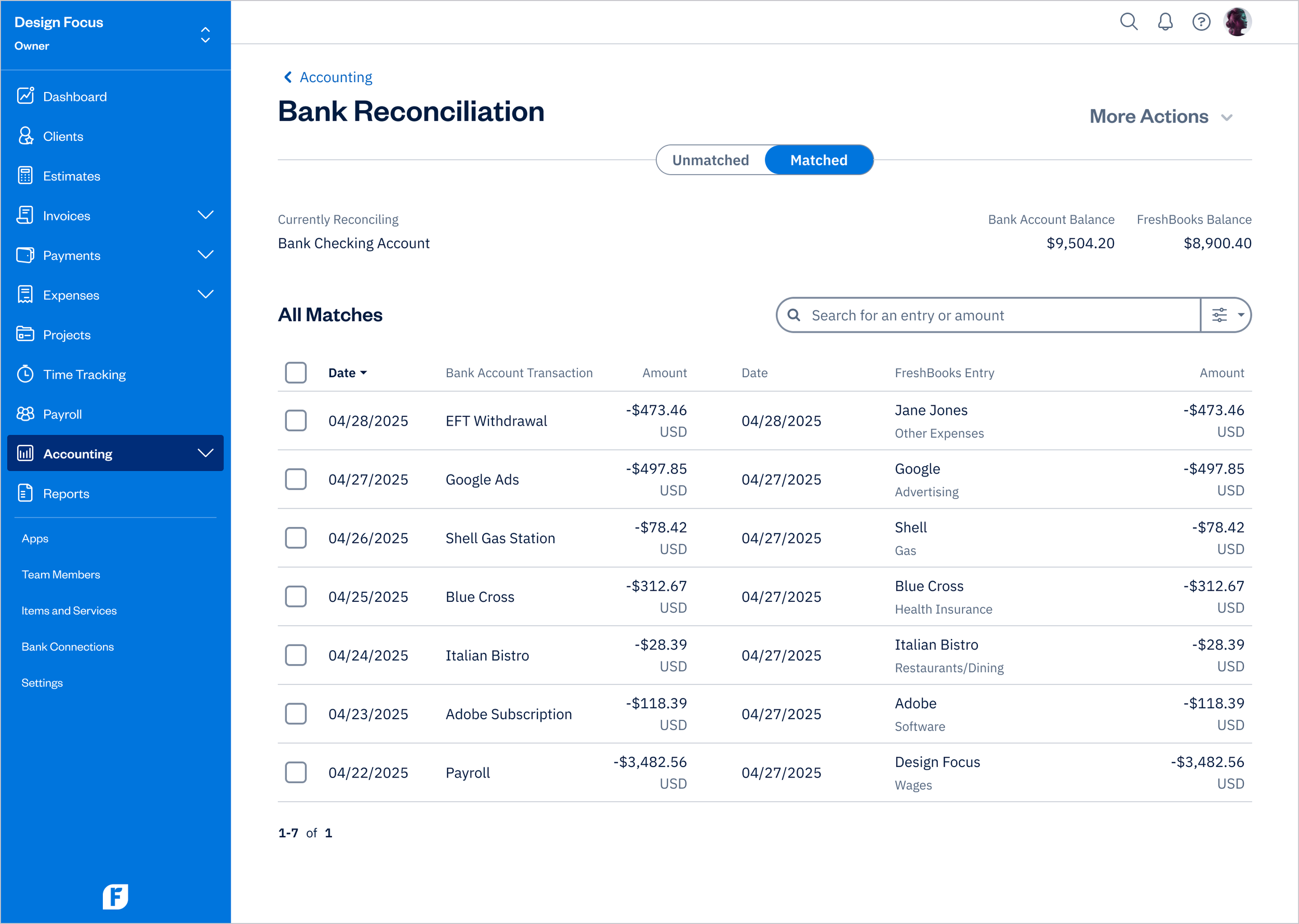 Bank Reconciliation - Matched