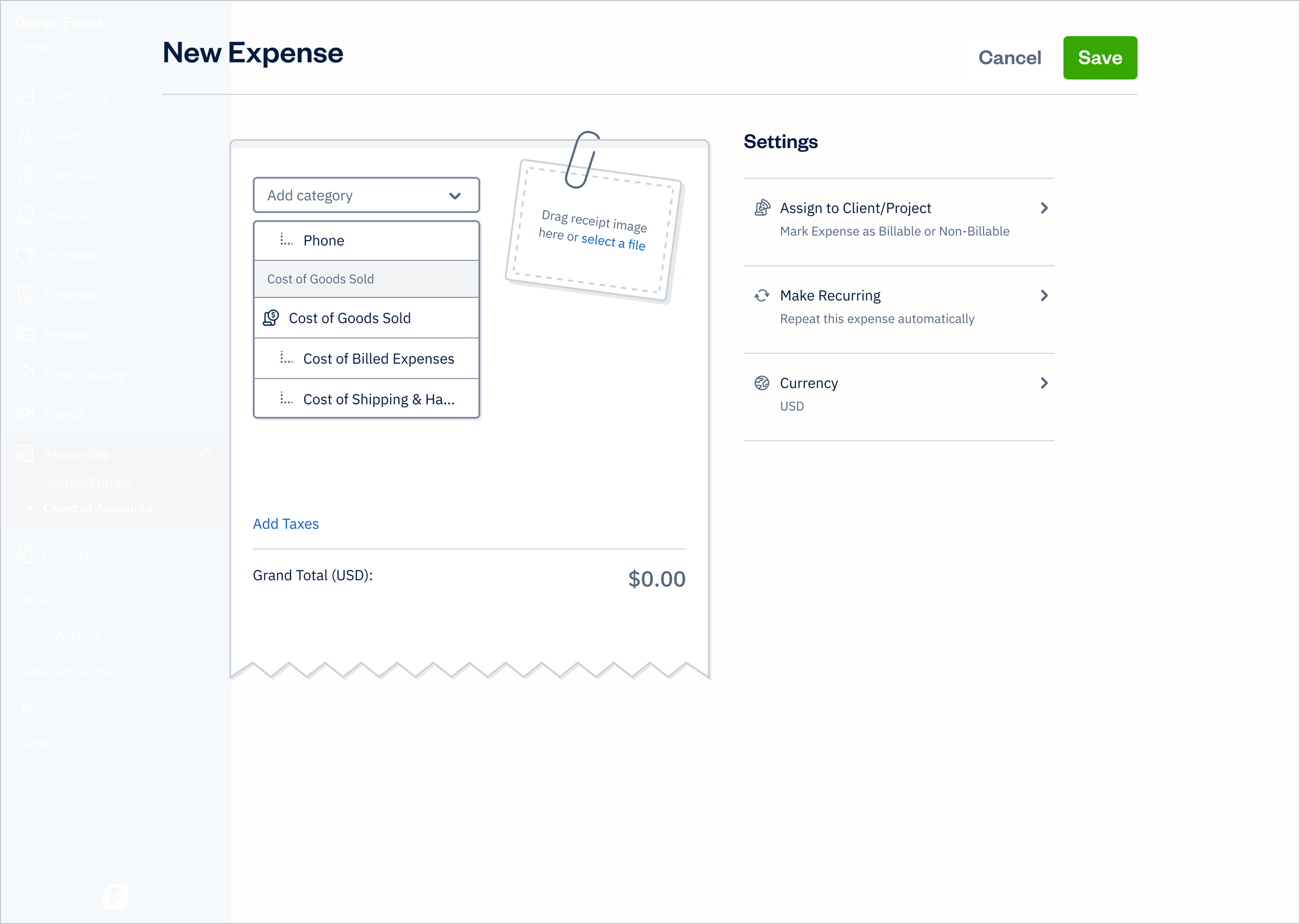 Chart of Accounts - Expense Category - Cost of Goods Sold
