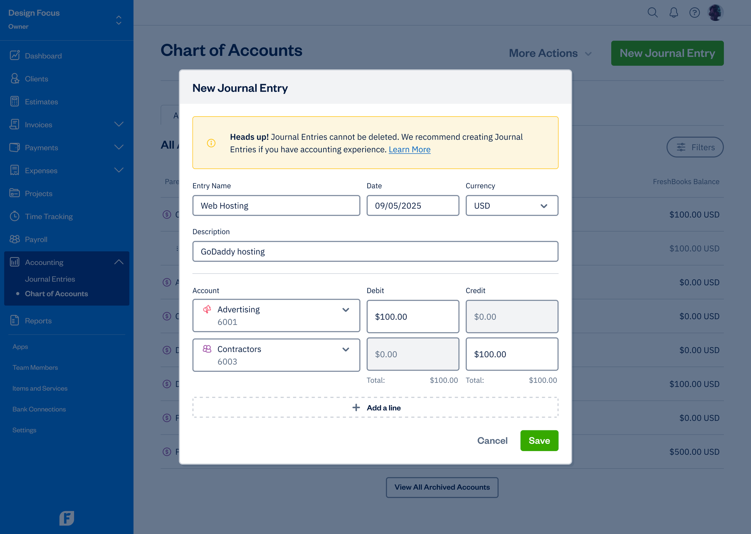 Chart of Accounts - New Journal Entry