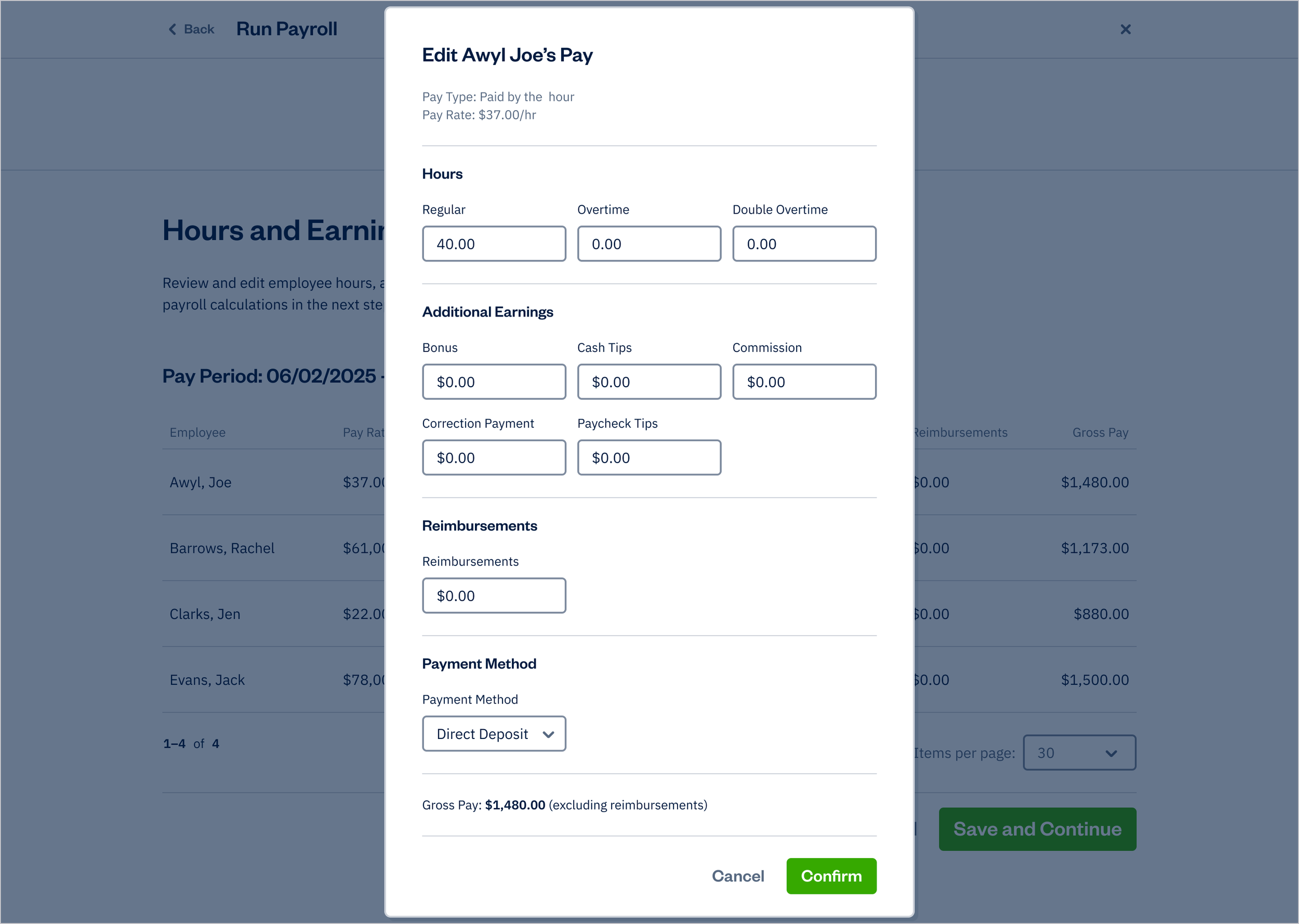 Run Payroll - Step 2: Hours and Earnings - Edit Pay Modal