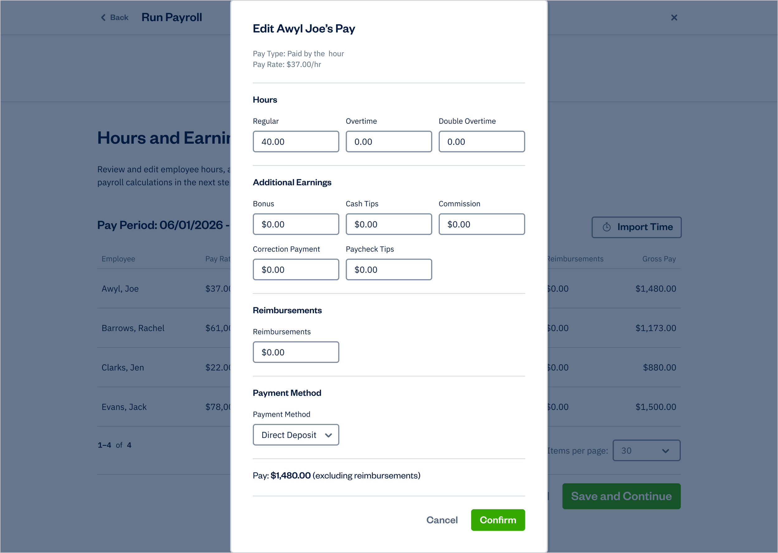 Payroll - Run Employee Payroll - Step 2: Hours and Earnings - Edit Pay