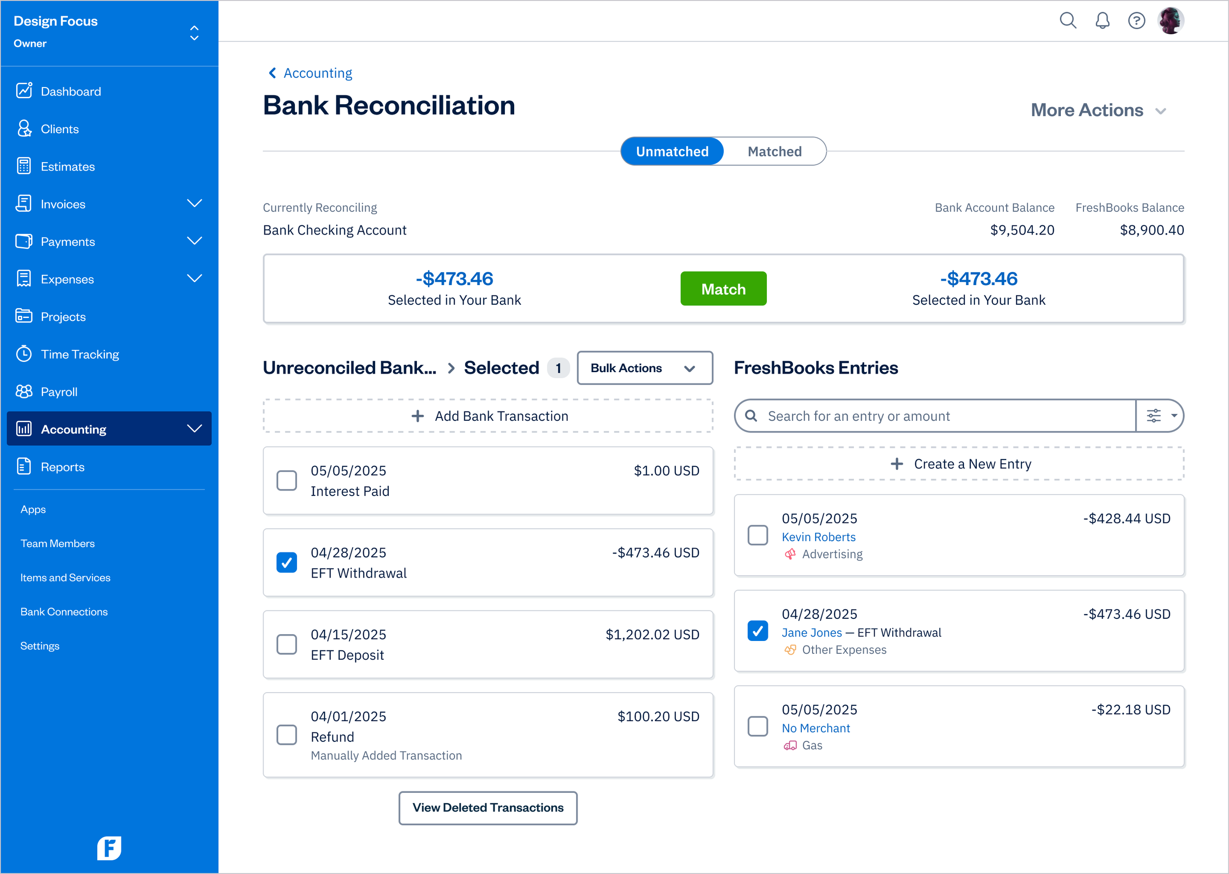 Bank Reconciliation - Matching Transactions