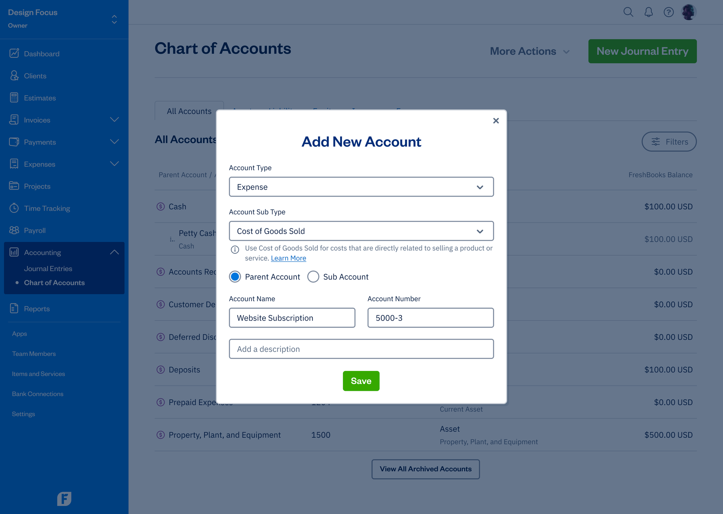 Chart of Accounts - Add New Account