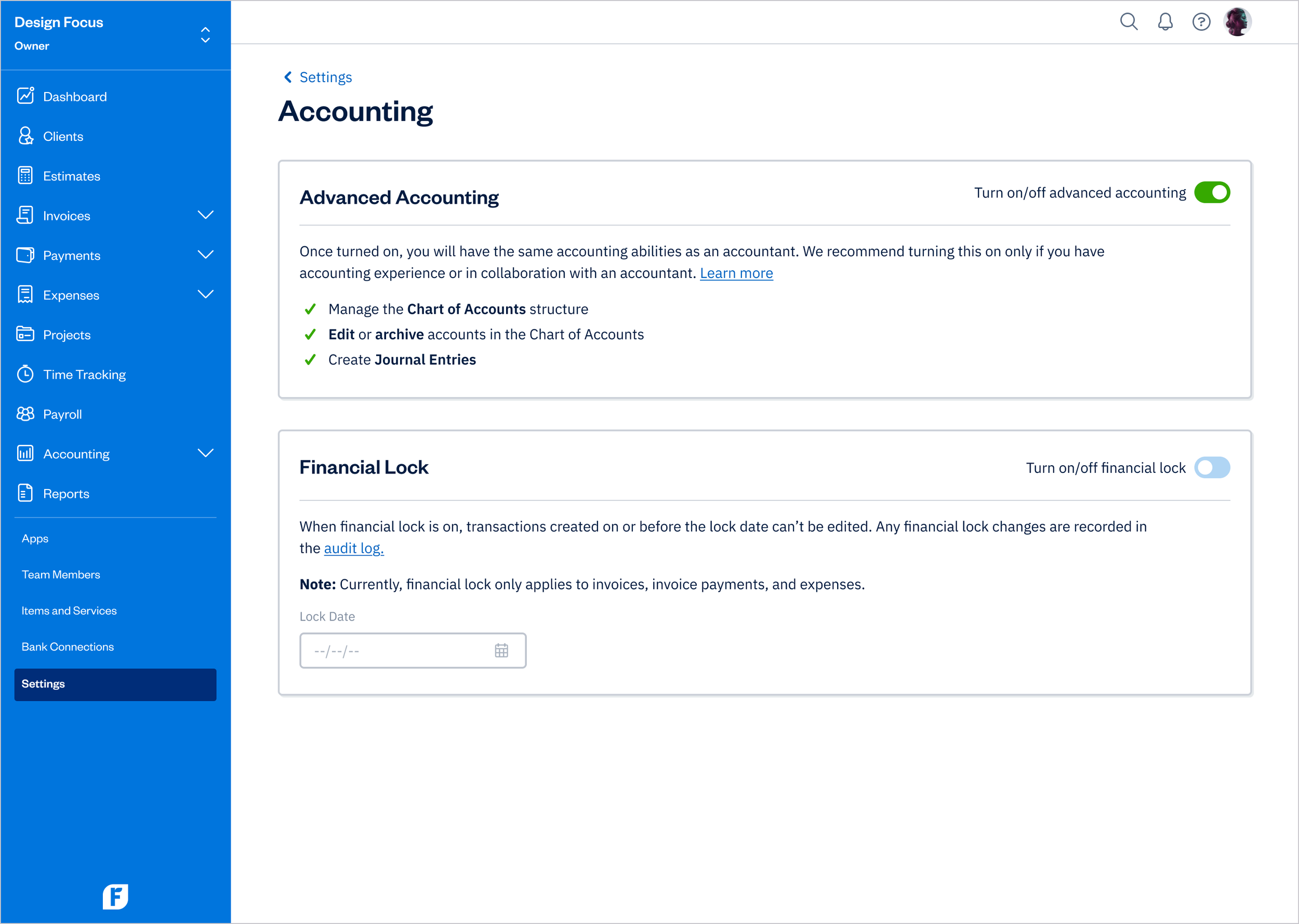 Chart of Accounts - Settings - Accounting