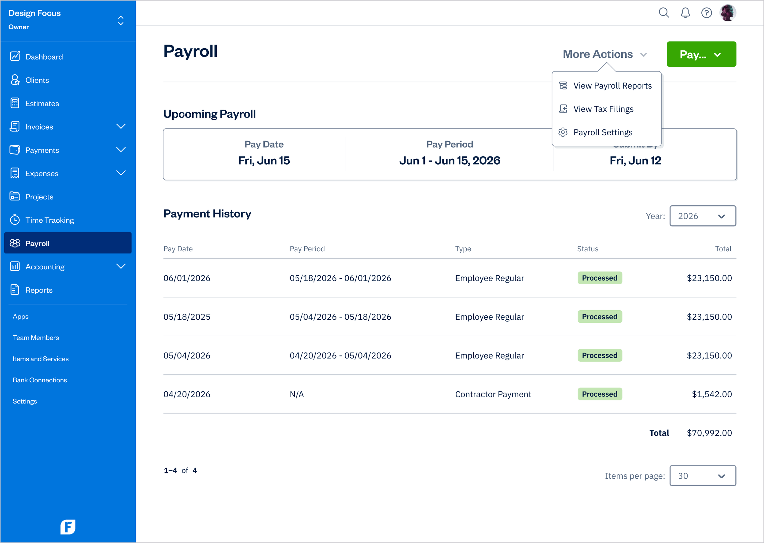 Payroll - More Actions Dropdown