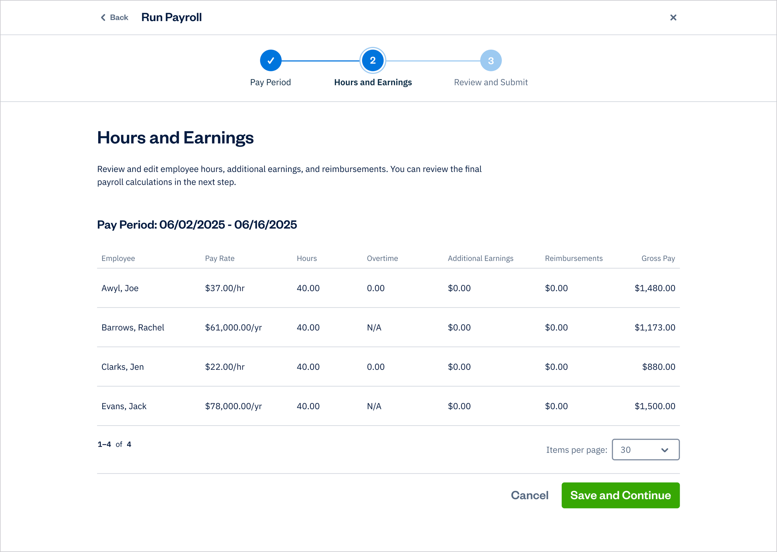 Run Payroll - Step 2: Hours and Earnings
