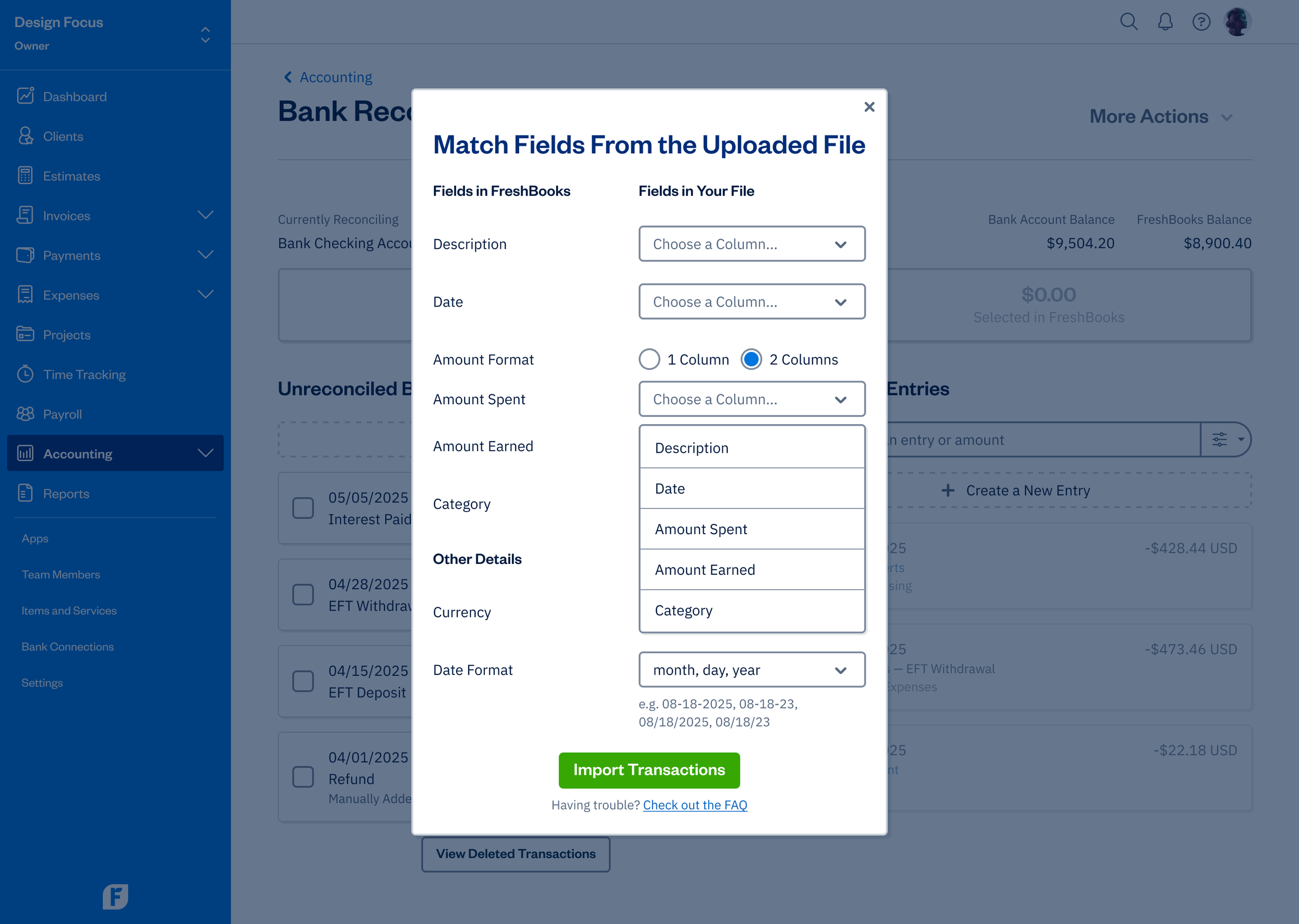 Import From File - Match Modal - Amount Spent - Dropdown