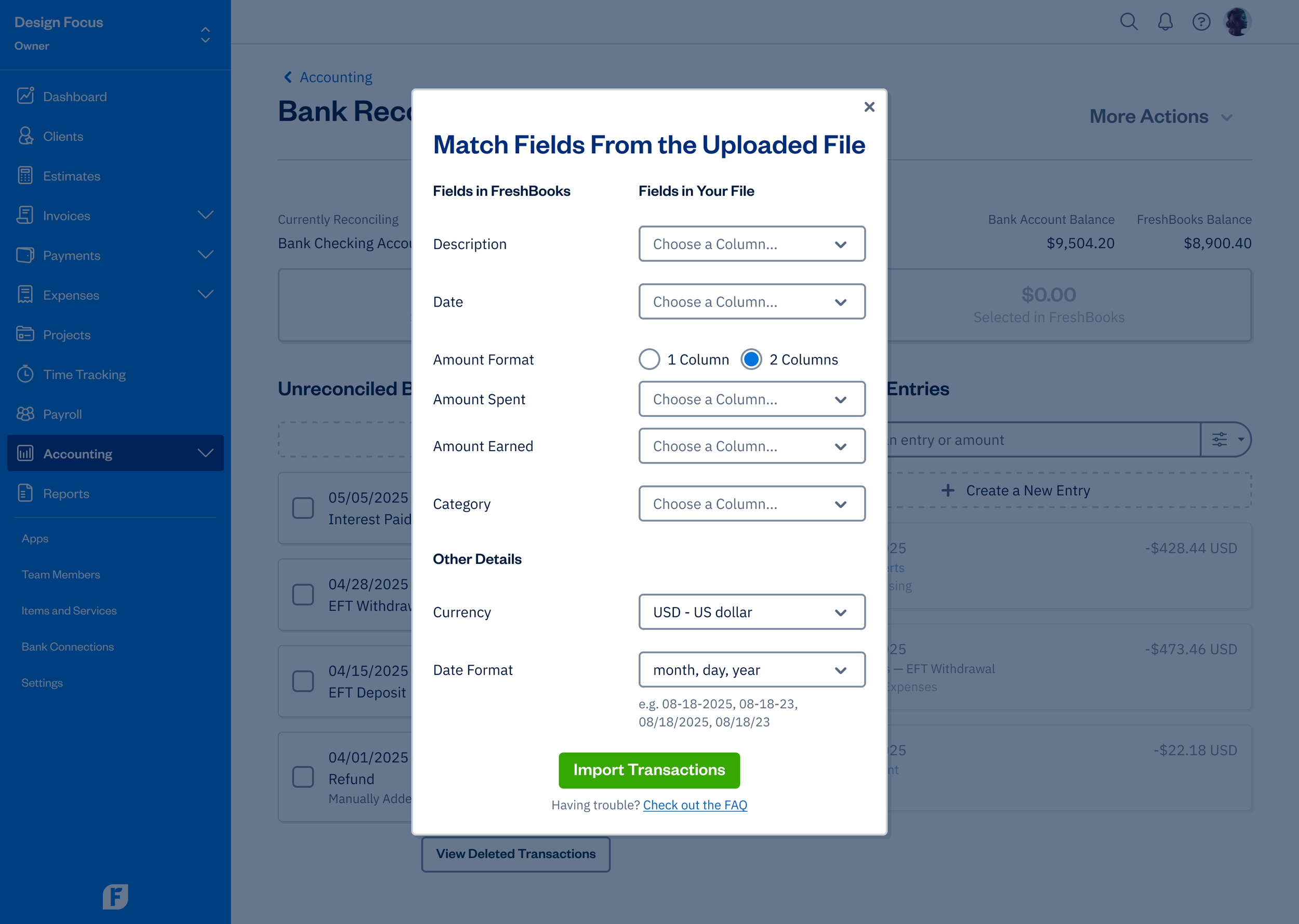 Import From File - Match Modal - 2 Columns Amount Format