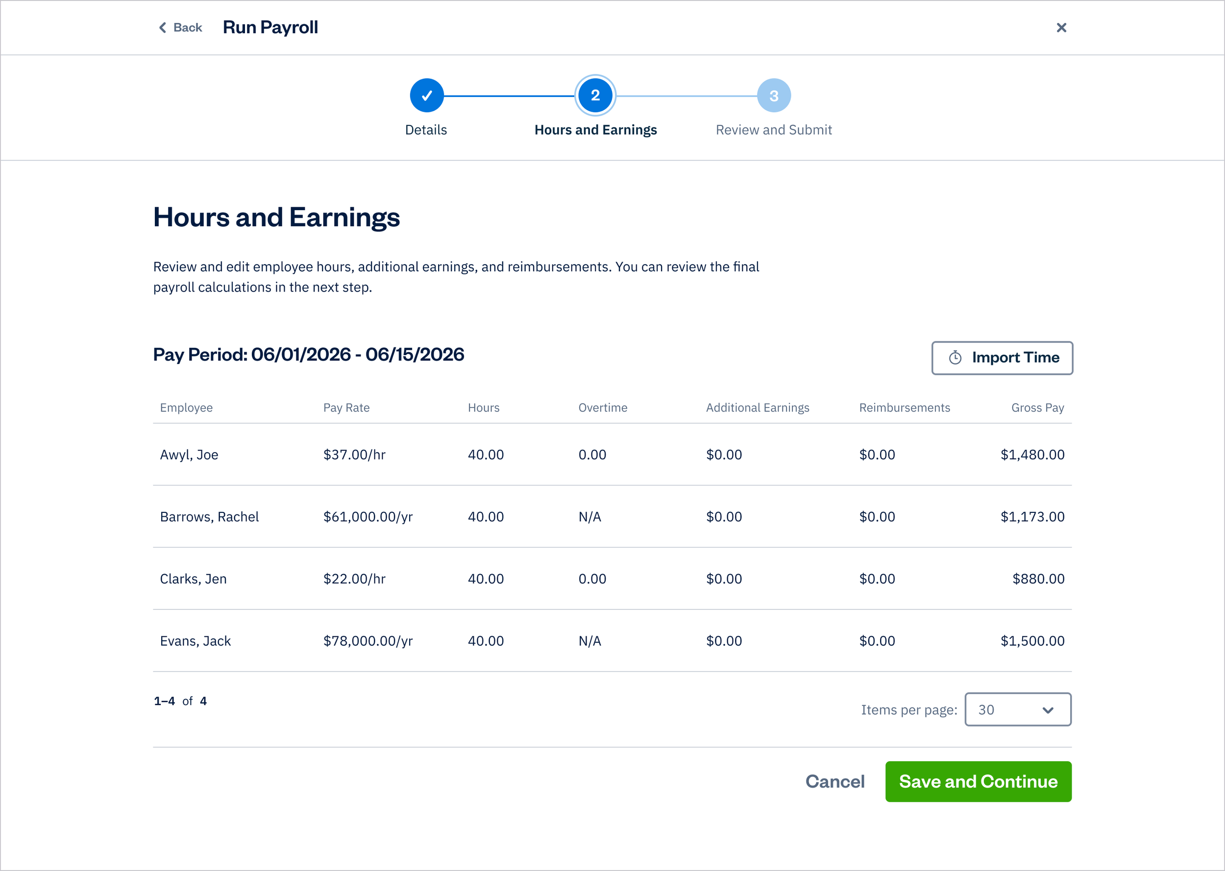 Payroll - Run Employee Payroll - Step 2: Hours and Earnings