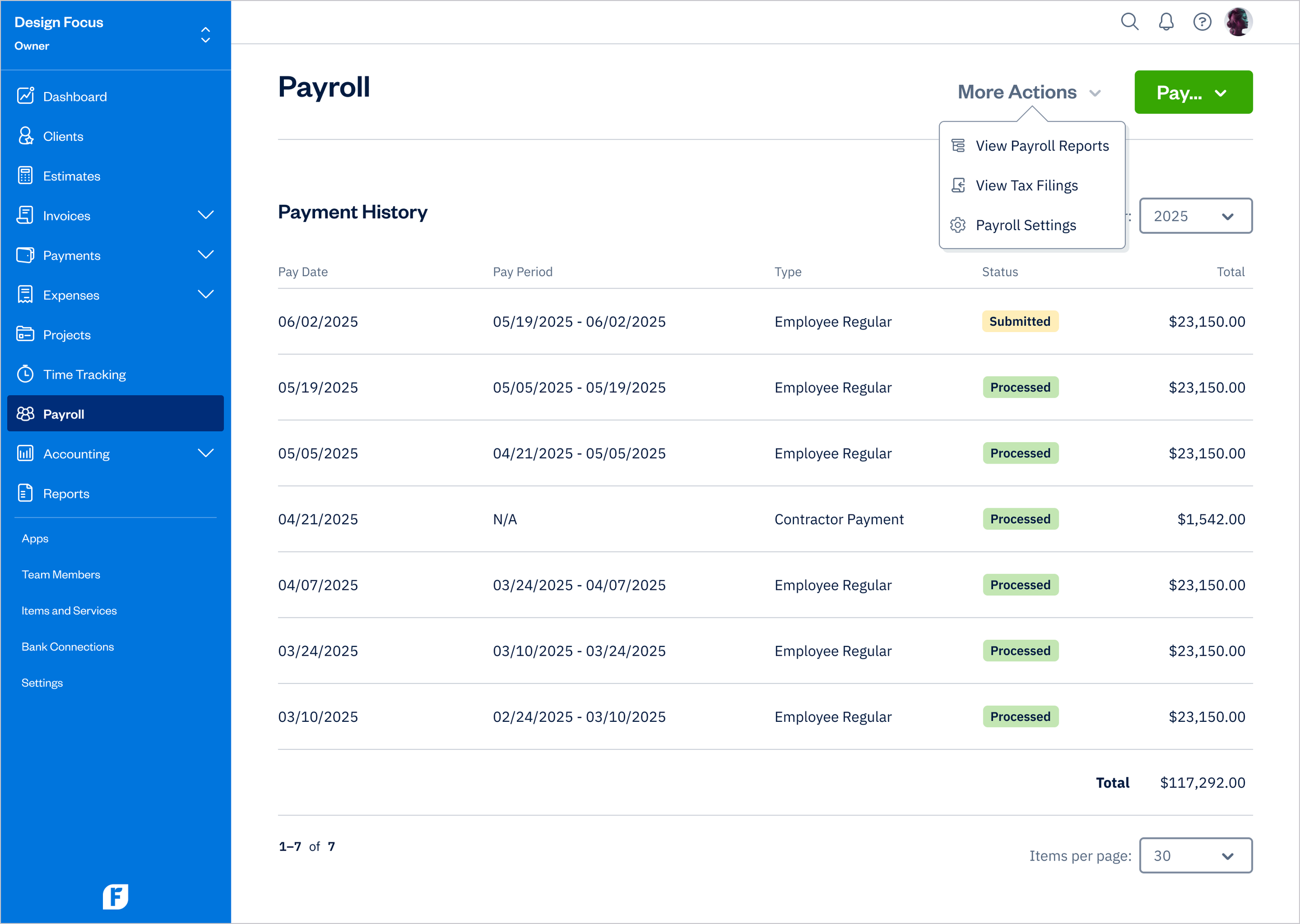 Payroll - More Actions Dropdown