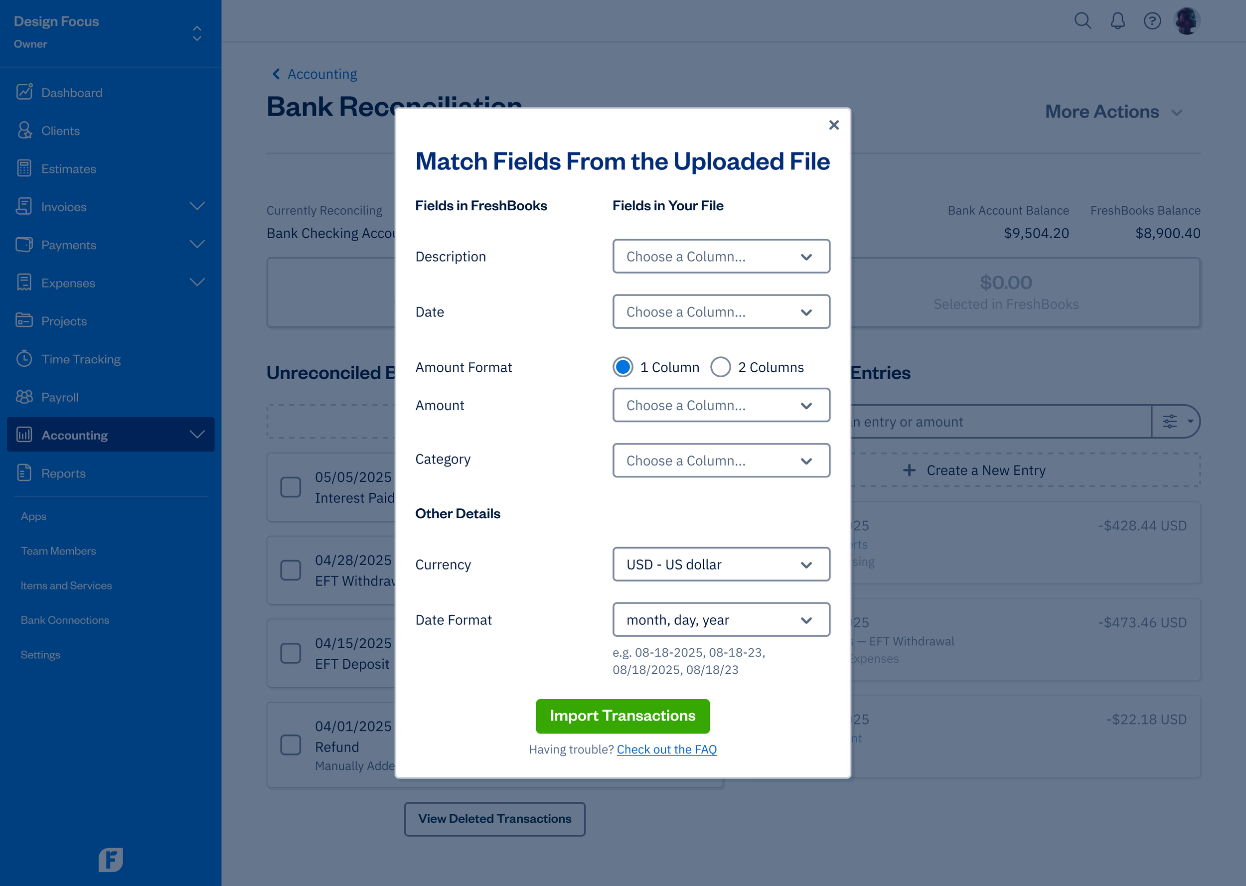 Bank Reconciliation - Import From File - Match - 1 Column Amount Format