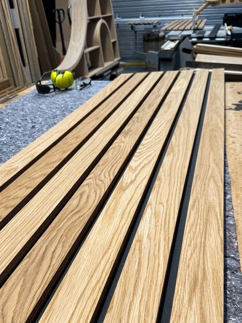 First look at our Oak on black slat wall for our bookcase project. #cabinetmaker #bookcase #interiordesign @oslekcoatings