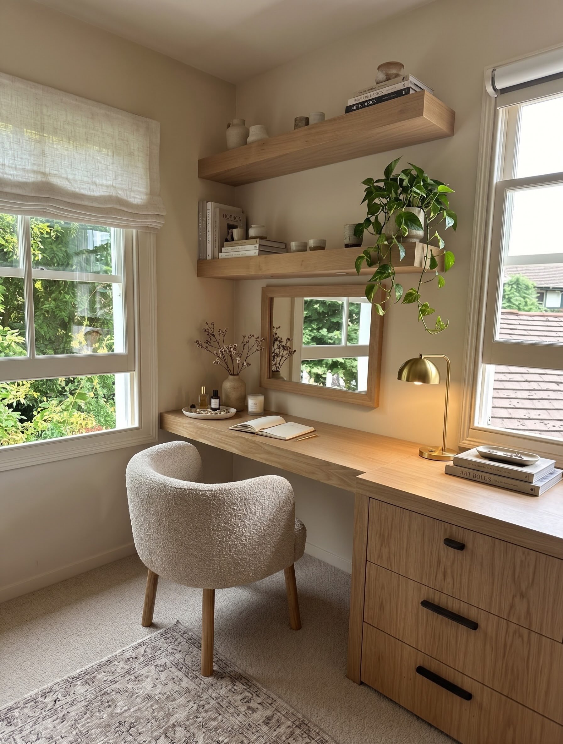 Great joinery isn&rsquo;t just about fitting a space&mdash;it&rsquo;s about how it feels when lived in.
For this bespoke dressing nook, we designed handcrafted oak floating shelves and a seamless, continuous vanity surface with integrated chest stora