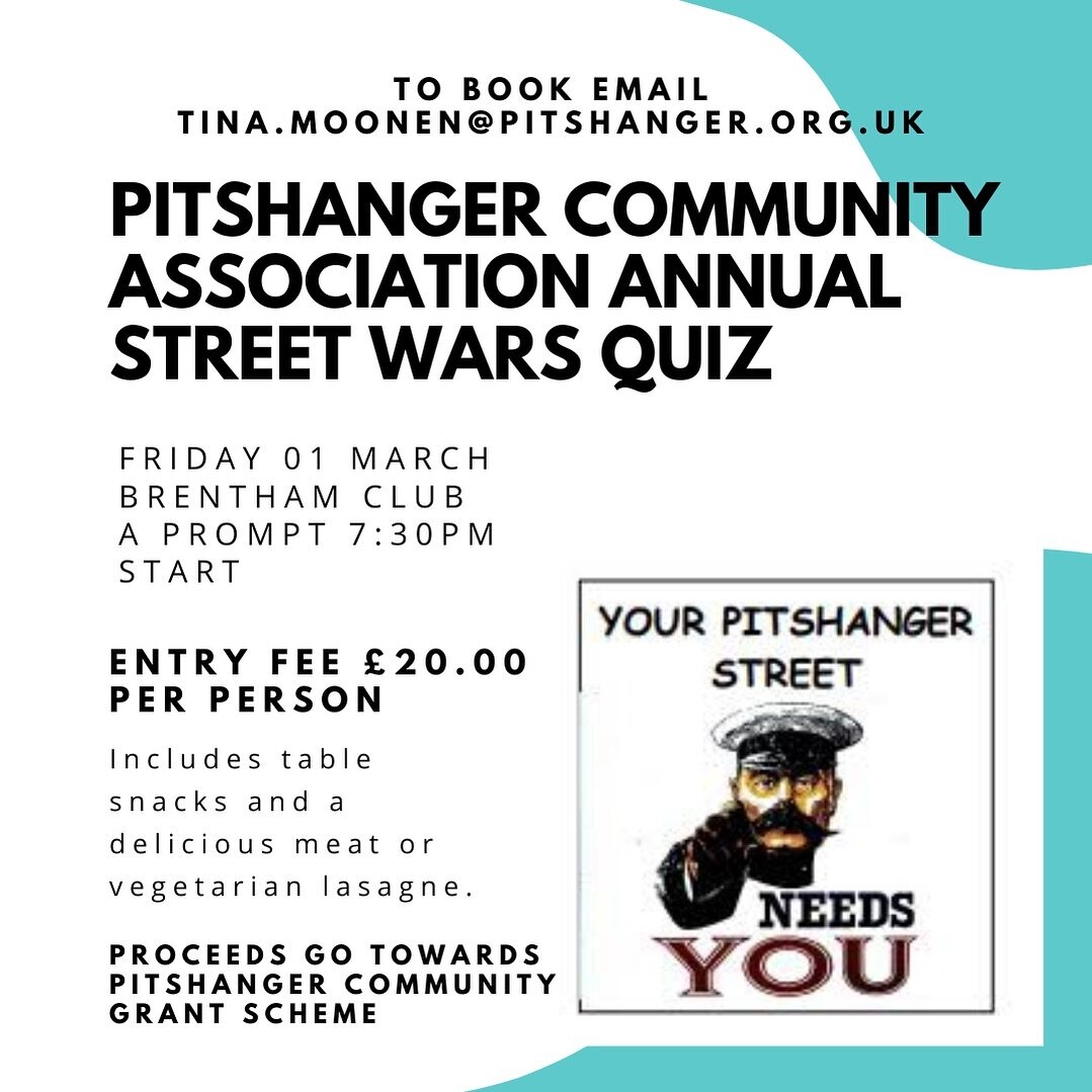 Pitshanger Community Association Annual Street Wars Quiz is back @clubbrentham Friday 1st March.

TICKETS MUST BE BOOKED IN ADVANCE.

#quiztime #pitshangerlane #brenthamclub #ealing #neighbourhoodcommunity #fundraising