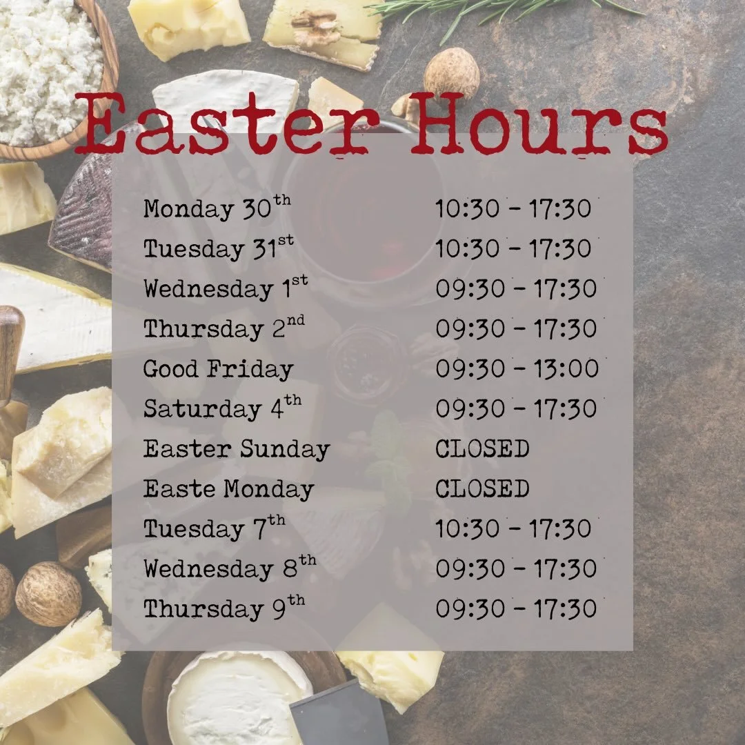 Please make a note of our opening hours over the Easter holidays 🐣 

#easter #easterhours #harrisonsdeli #pitshangerlane #cheese
