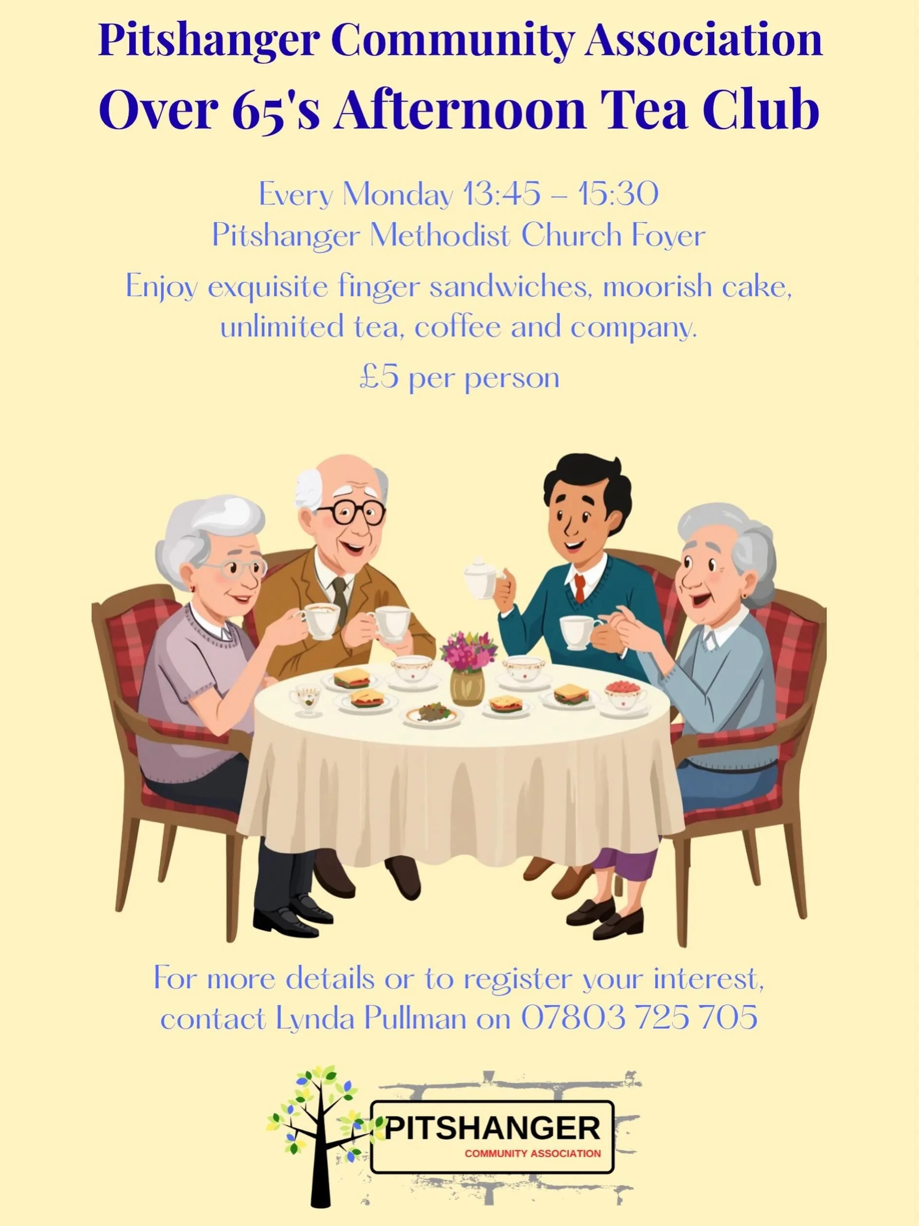 Do you know someone, or are you someone, who would benefit from the PCA&rsquo;s weekly afternoon tea club. Anyone over 65 is welcome to enjoy afternoon tea and chatter every Monday from 13:45.
See the image for further information 🫖 🍰 🥪 
#afternoo