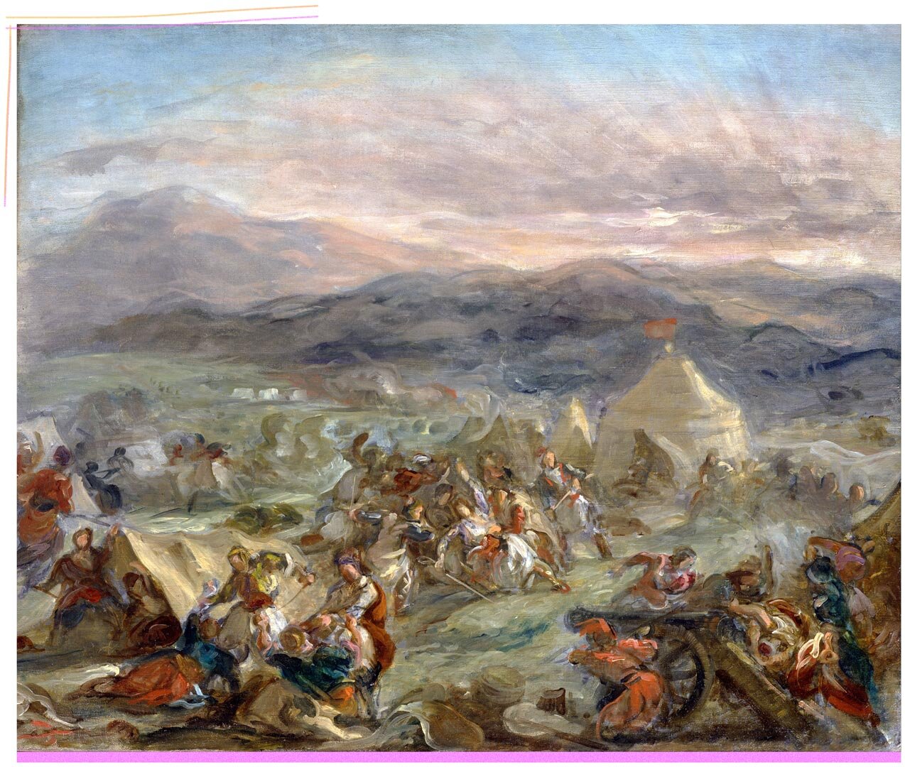 Ο Μπότσαρης αιφνιδιάζει το στρατόπεδο των Τούρκων και πληγώνεται θανάσιμα, του Eugène Delacroix, 1860-1862 - πηγή: Wikimedia Commons