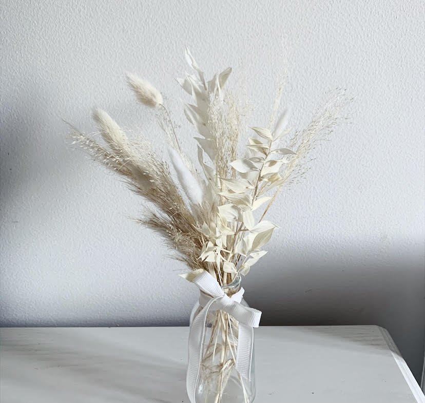 Ivory white dried flowers & milk bottle vase — Sirrah Flowers