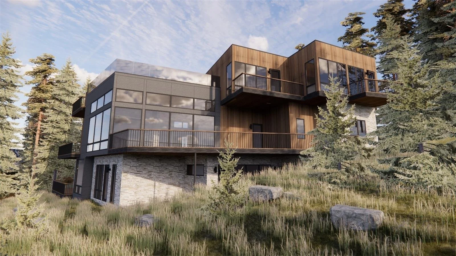 Modern mountain home with large windows, stone walls, and evergreen trees