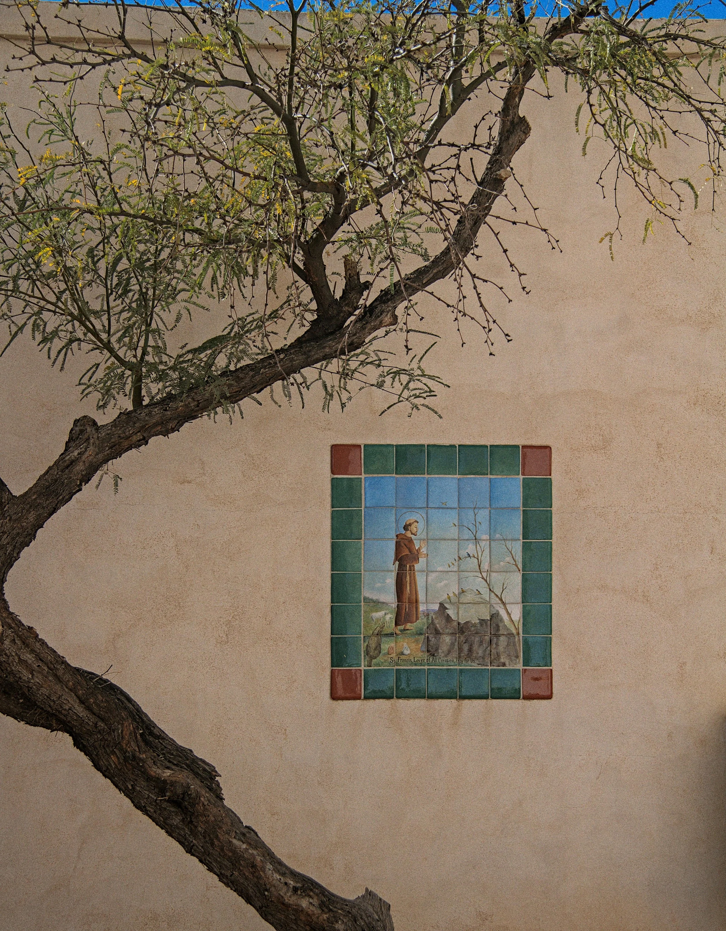 A decorative tile mural of St. Francis Lover of All Creation, placed on a beige wall underneath a tree with budding branches.