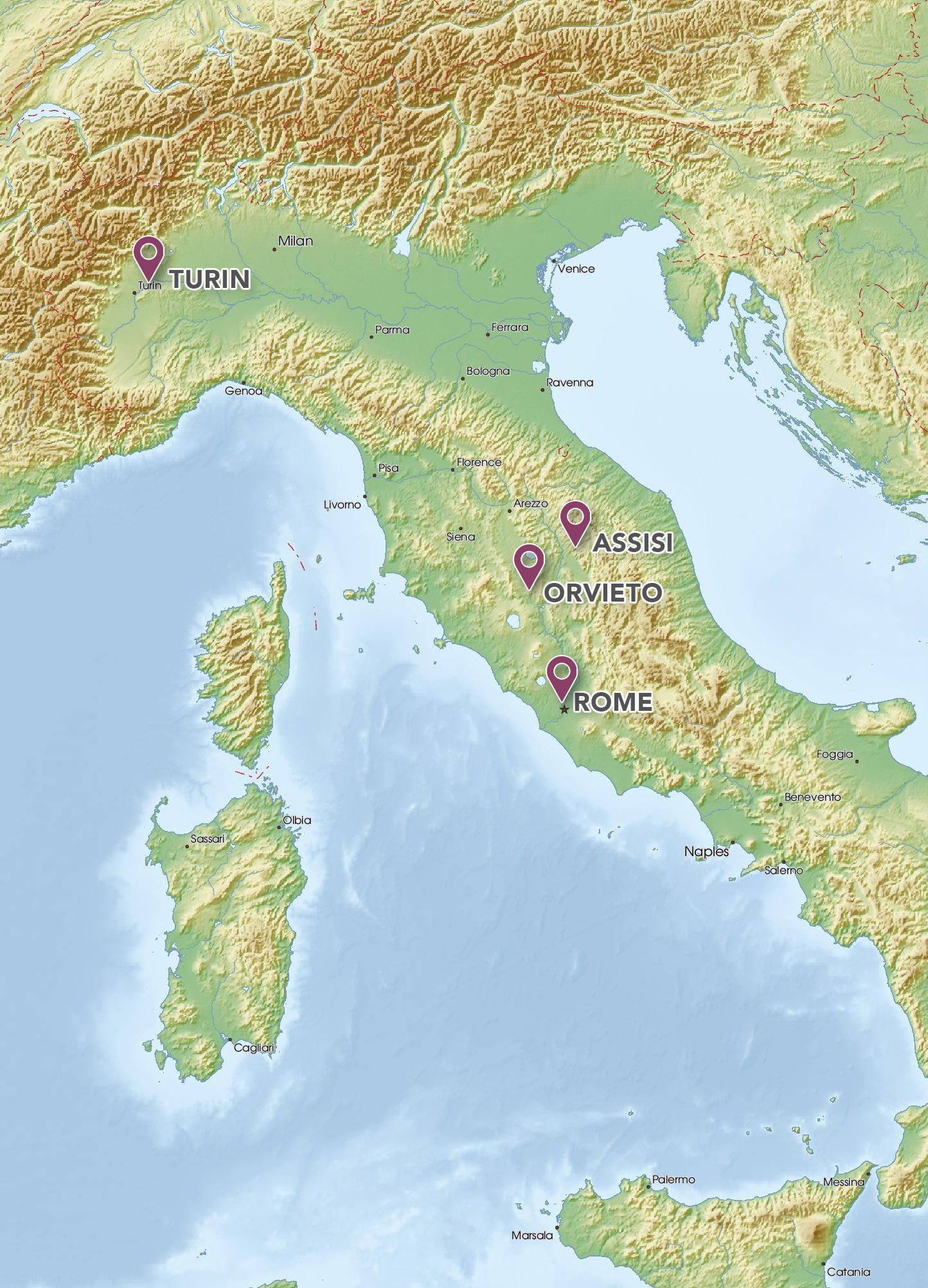 A map of Italy showing cities such as Rome, Assisi, Orvieto, Florence, and Venice, with mountain ranges and coastline.
