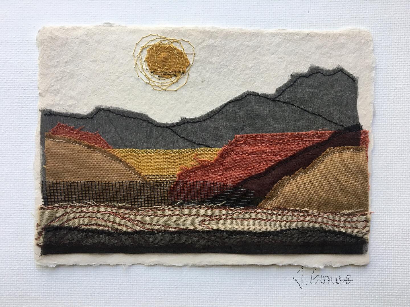Inspired by the rich textures of frayed fabric edges and deckled-edge handmade papers, I took these materials and composed them into mini adventure collages. Which one would you like to visit in real life?
.
This little series of work is a short depa