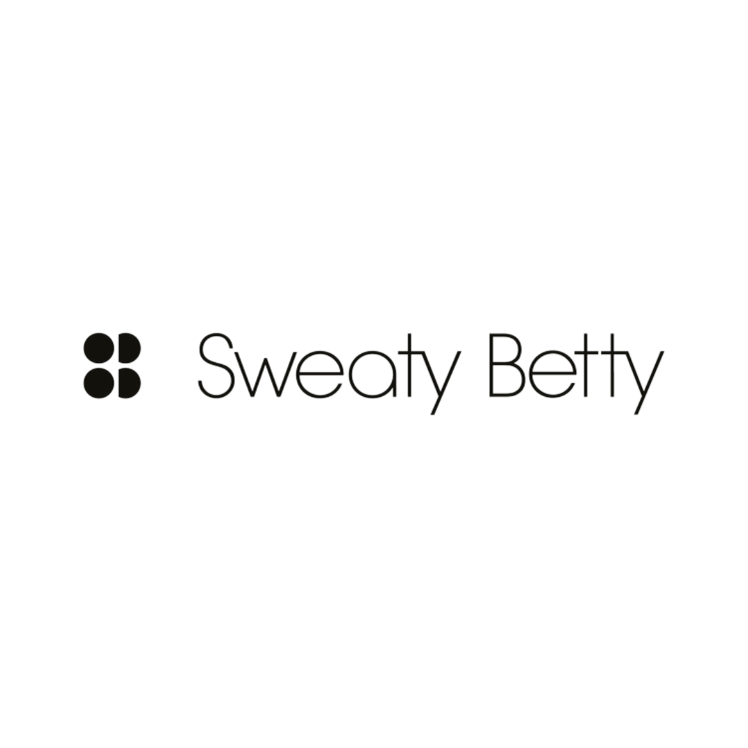 Black and white logo with four black circles arranged in a square on the left, and the text 'Sweaty Betty' in a sleek, modern font across a white horizontal bar.