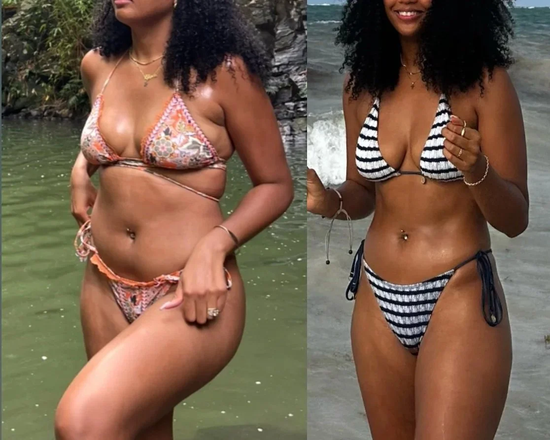 Split image of a woman in two different swimsuits at the beach. The left side shows her in a colorful patterned bikini standing in shallow water, and the right side shows her in a black and white striped bikini standing on the sand with waves in the 