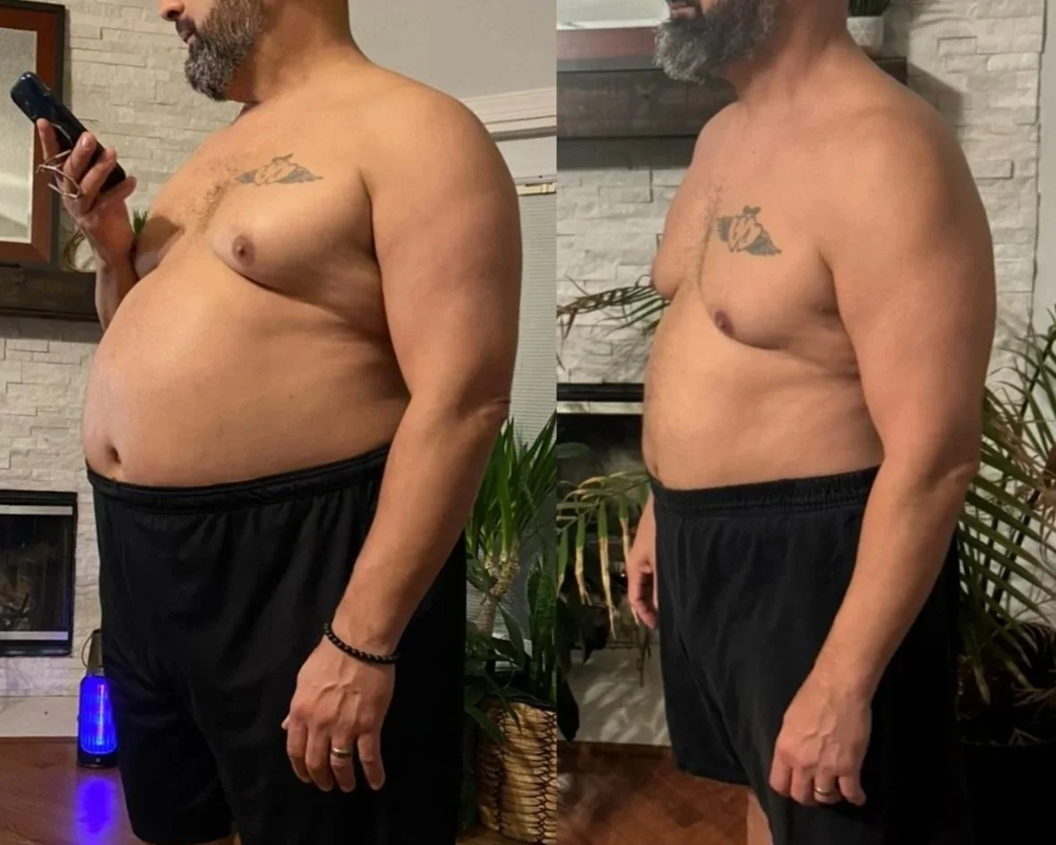 Side-by-side comparison of a shirtless man with gray beard and tattoos, wearing black shorts and different footwear, standing indoors with a brick fireplace and plants in the background.