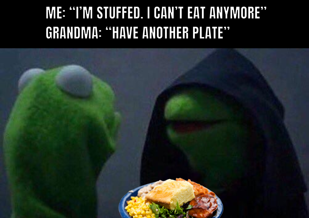 Meme of Darth Kermit in a black hood offering a large plate of food, representing the inner temptation to overindulge during the holidays.