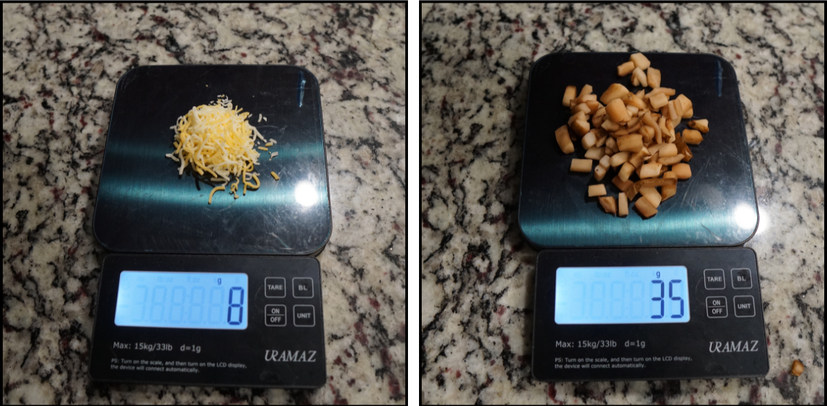 Food scale measuring 1 tablespoon of shredded cheese and 35 grams of russet potato for accurate calorie and macro tracking
