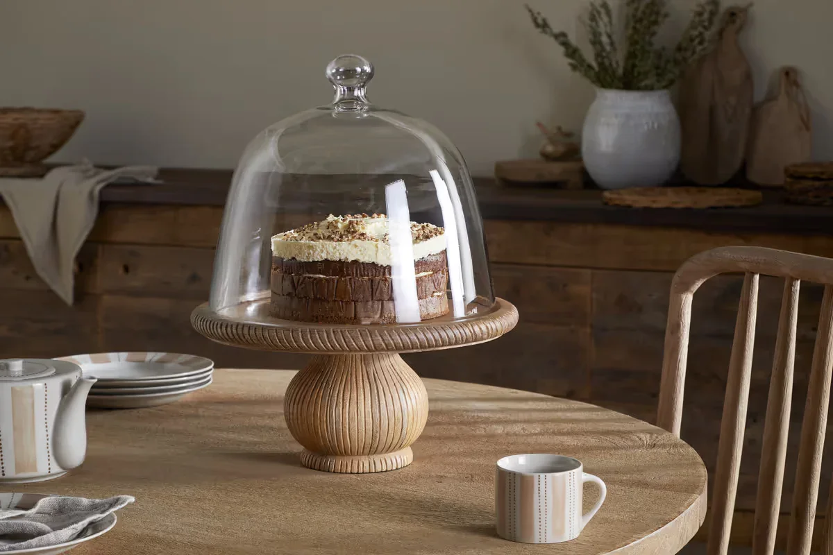 NKUKU VIVAN GLASS CAKE STAND & DOME - NATURAL