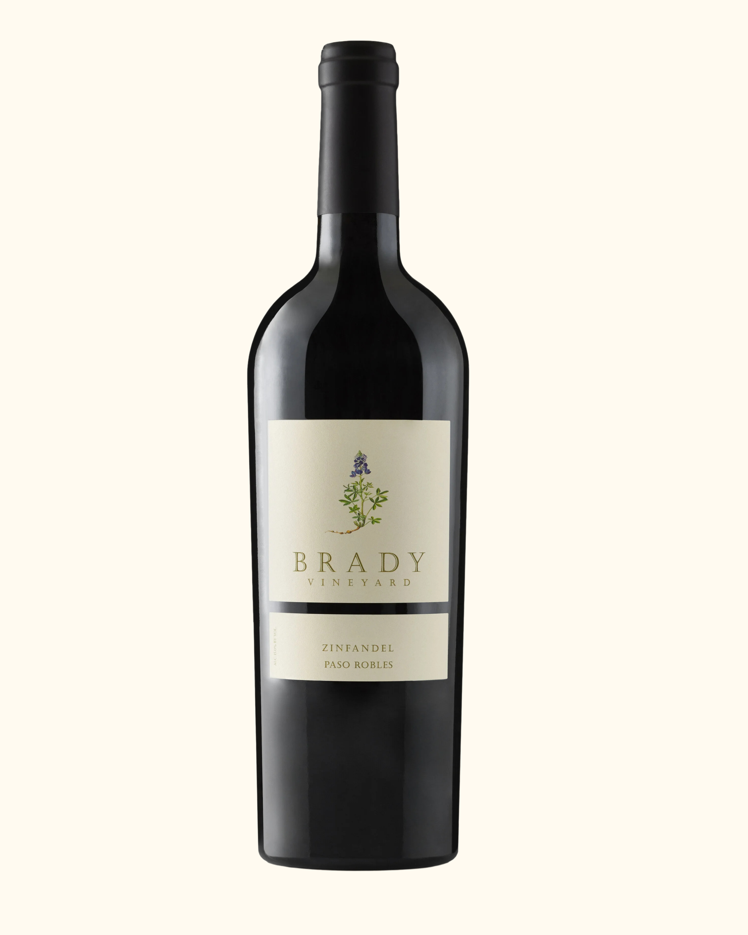 A bottle of red wine labeled 'Brady Vineyard Zinfandel Paso Robles' with a white background and a simple drawing of a grapevine.