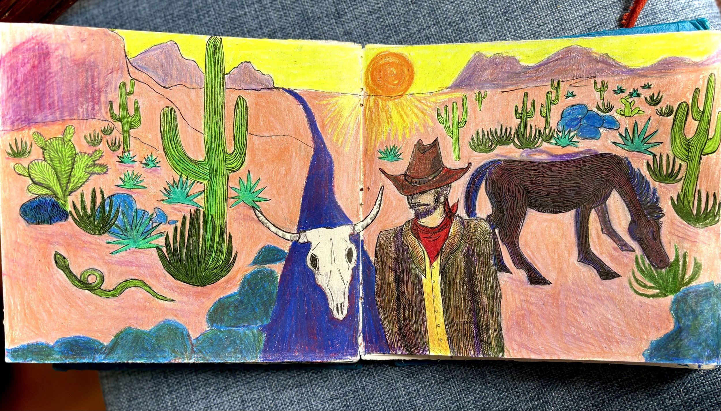 "when a cowboy trades his spurs for wings" (journal sketch) - colored pencils & pen on paper (2025)