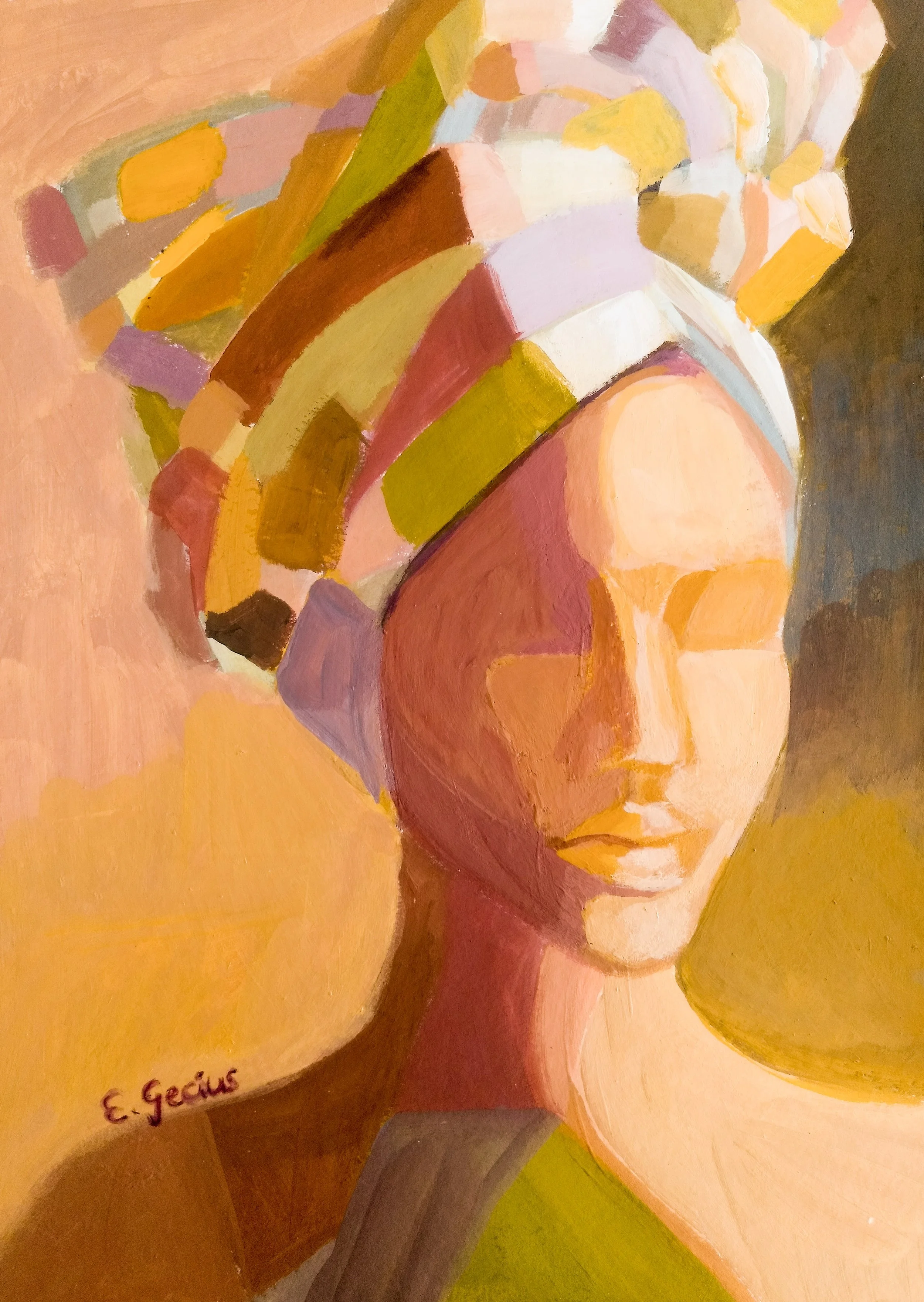 Ein abstraktes Gemälde einer Frauenfigur mit buntem, geometrischem Hut. Der Stil ist impressionistisch und die Farbpalette umfasst warme Erdtöne und Pastellfarben.