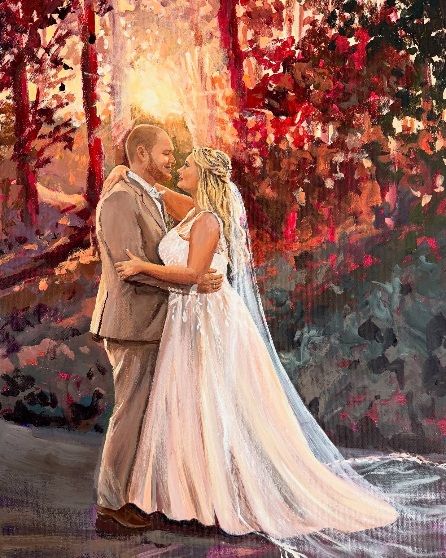 Ein neues 50x70 gro&szlig;es Gem&auml;lde anhand von 3 Fotoreferenzen gemalt. Wir hatten uns entschieden den Hintergrund vom Foto im Wald zu nehmen mit der Sonne und die Pose wie sie sich anschauen. Vom 3. Foto habe ich dann den Schleier verwendet.

