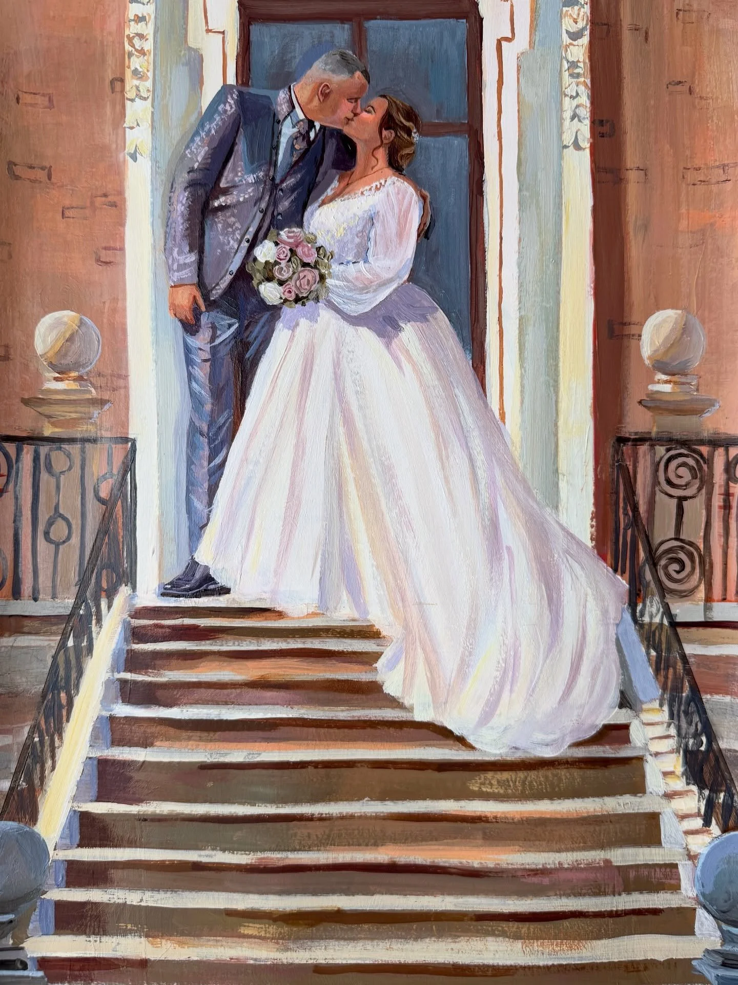 Dieses Bild war ein Geschenk vom Dorf an das Brautpaar zur Hochzeit. Das Paar hatte kein Foto, auf dem sie komplett zu sehen sind auf der Treppe des Schlosses. Also habe ich anhand von drei Fotos das Gem&auml;lde gemalt. 

#hochzeitsmalerin #weddingp