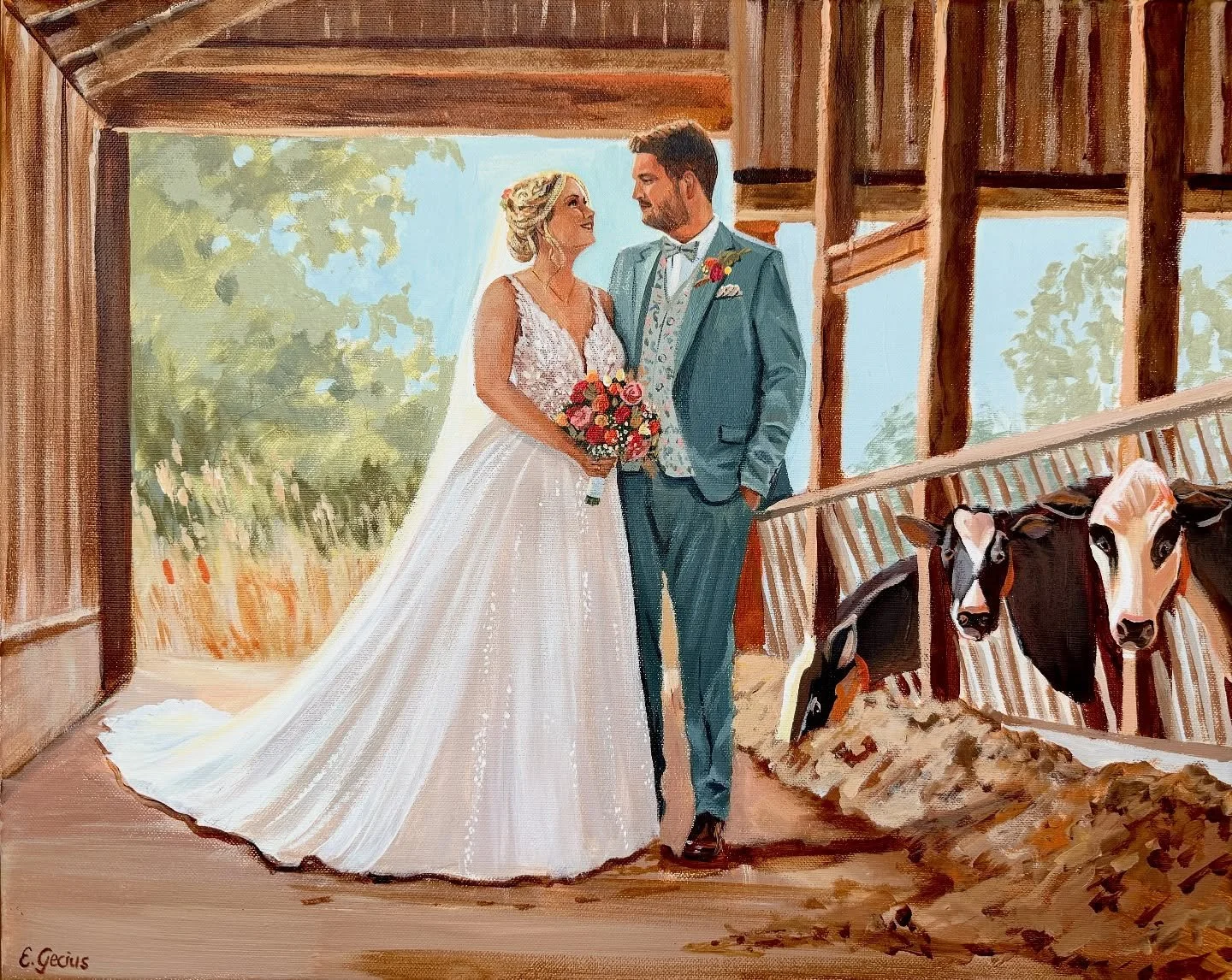 Dieses Bild war ein Geschenk an das Brautpaar. Das Paar hat mir das Foto geschickt und ich fand es sofort sehr niedlich mit den K&uuml;hen. Ich habe im Hintergrund noch ein paar B&auml;ume rechts eingef&uuml;gt und den Schleier noch dazu gemalt. 

#h