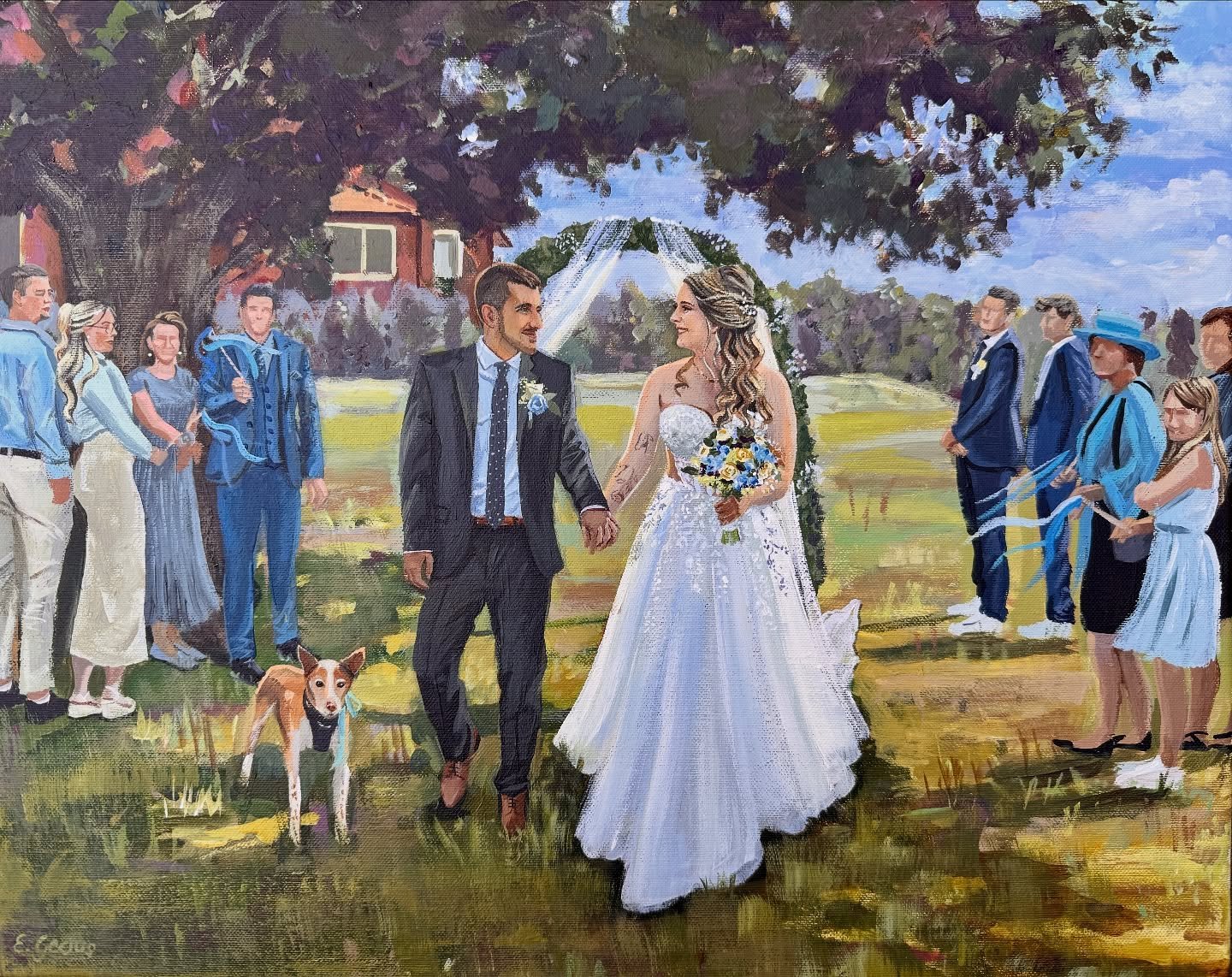 Dieses Bild habe ich schon im Dezember fertig gemalt und euch noch garnicht gezeigt. Ich war im August auf einer Hochzeit auf dem eigenen St&uuml;ck Land des Brautpaares. Ich habe den Auszug gemalt und ihren Hund noch im Nachhinein anhand von Fotos h