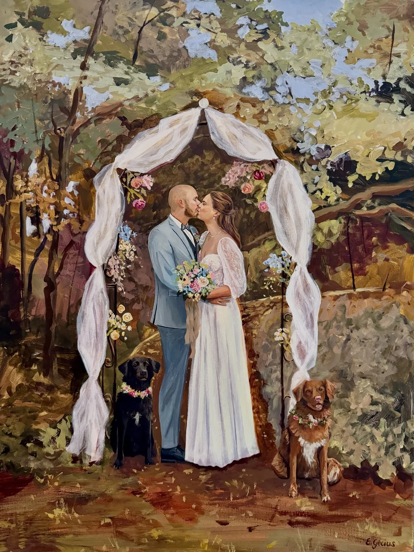 Ich bin gerade dabei Gem&auml;lde anhand von Fotos zu malen. Das ist eins, das vor Kurzem entstanden ist. Es ist 60x80 cm gro&szlig; auf Leinwand. Ich habe den Wald, die Hunde und das Paar von verschiedenen Fotos zusammen auf ein Gem&auml;lde gebrach