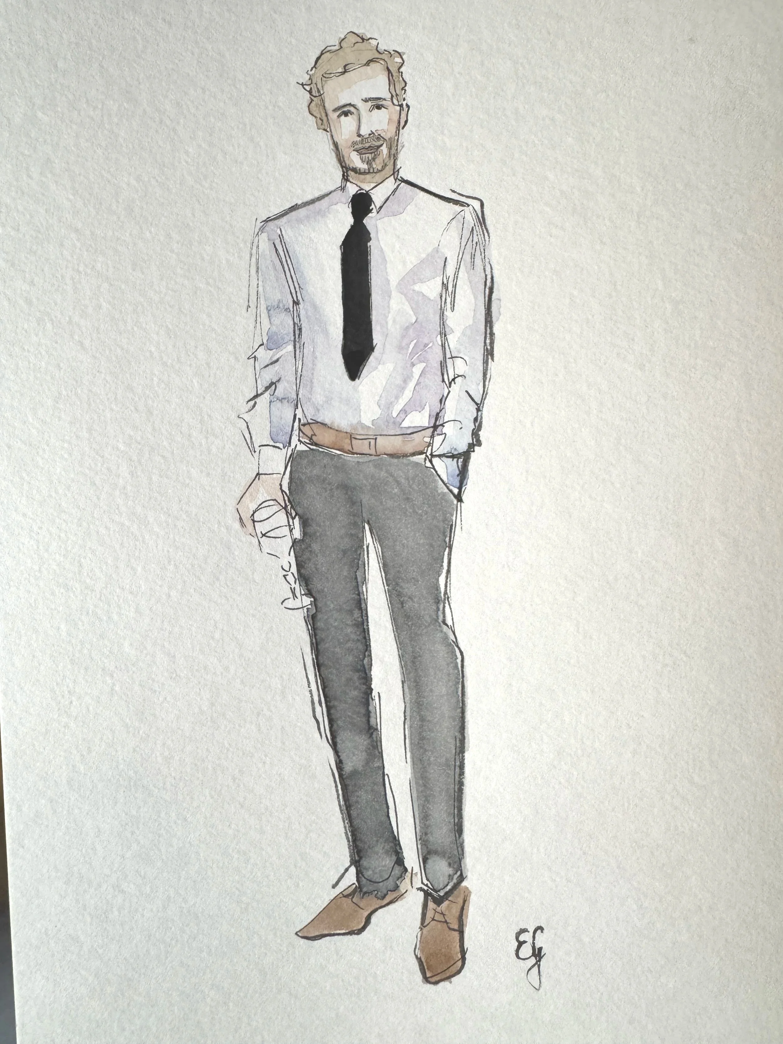 Eine handgemalte Illustration eines Mannes in formeller Kleidung, mit weißem Hemd, schwarzer Krawatte, grauen Hosen und braunen Schuhen, der lächelnd und mit einer Hand in der Tasche posiert. Gästeillustration