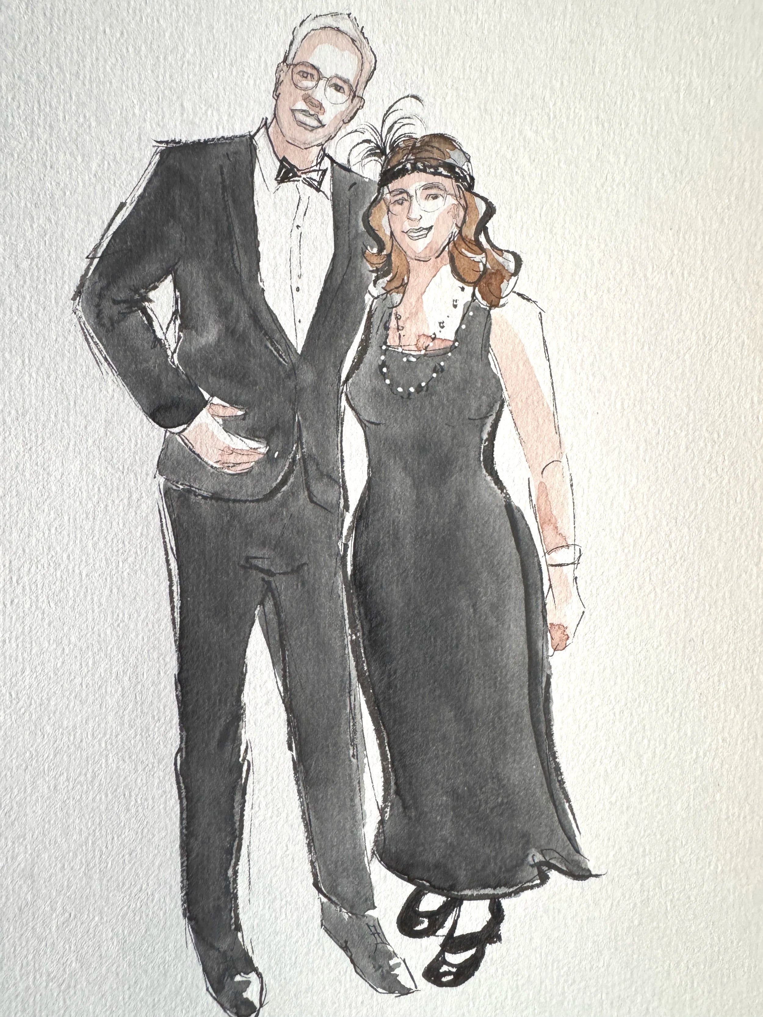 Zeichnung eines Mannes in einem schwarzen Anzug mit Fliege und einer Frau in einem langen schwarzen Kleid mit Perlen und einem Hasenkopfschmuck, beide lächeln und posieren nebeneinander. Gästeillustration