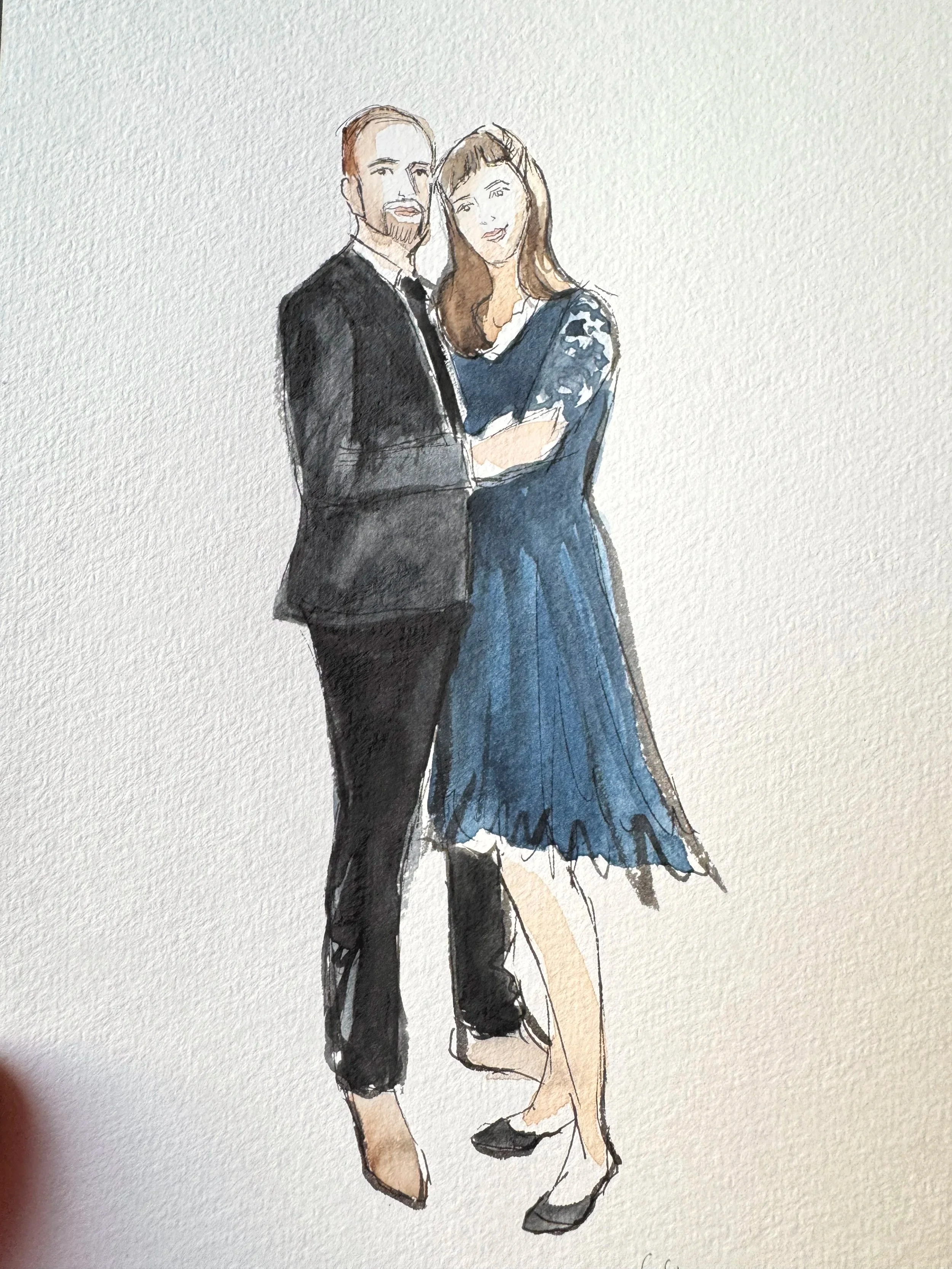 Aquarellzeichnung eines Paares in formeller Kleidung, der Mann trägt einen schwarzen Anzug und die Frau ein dunkelblaues Kleid. Gästeillustration