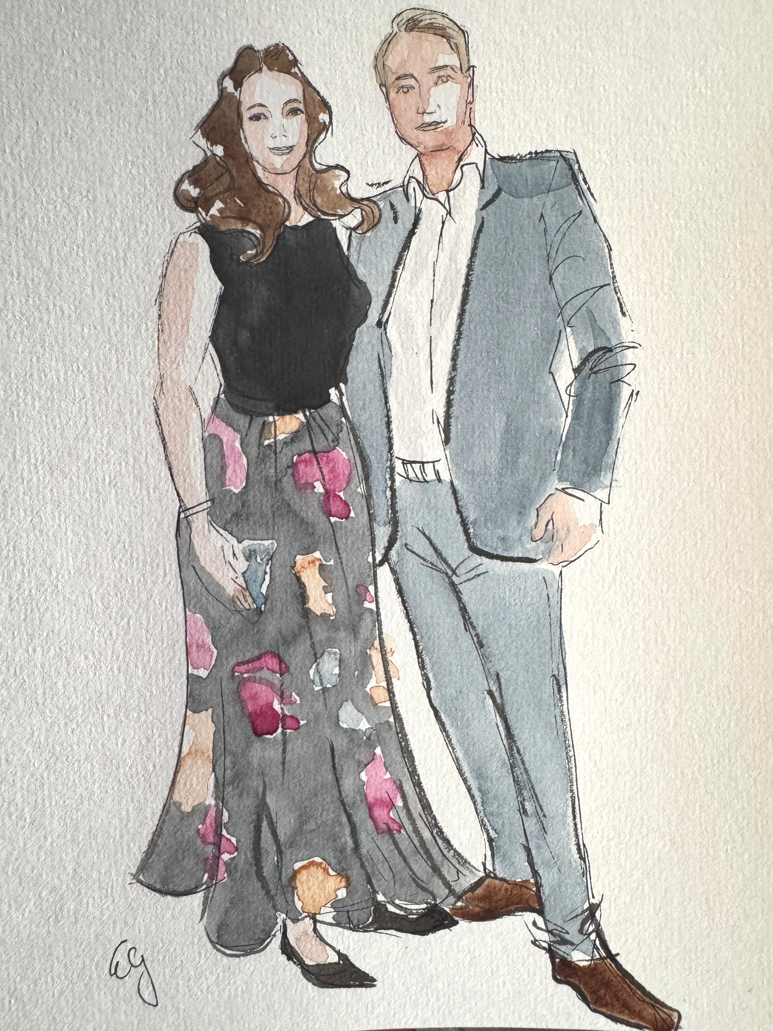 A watercolor drawing of a man and woman standing close together, dressed in semi-formal attire, smiling at the camera.
