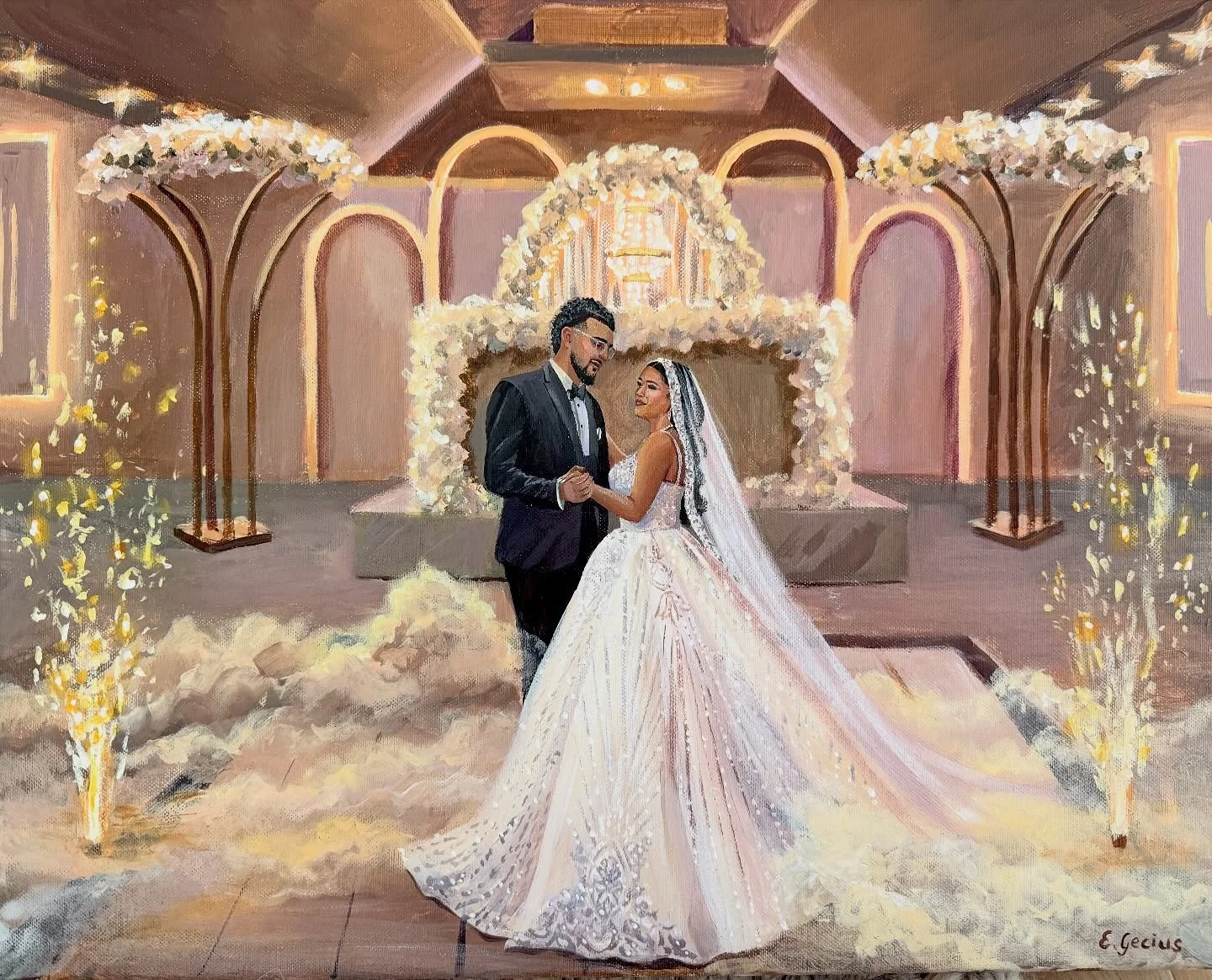 Ein paar Bilder von meiner Livemalerei vom Oktober letzten Jahres. Das Paar wollte ein Bild Bonn sich beim Hochzeitstanz haben mit dem Feuerwerk. Nach der Hochzeit habe ich das Bild noch weiter gemalt und allgemein etwas w&auml;rmer gemalt. Meine Vor