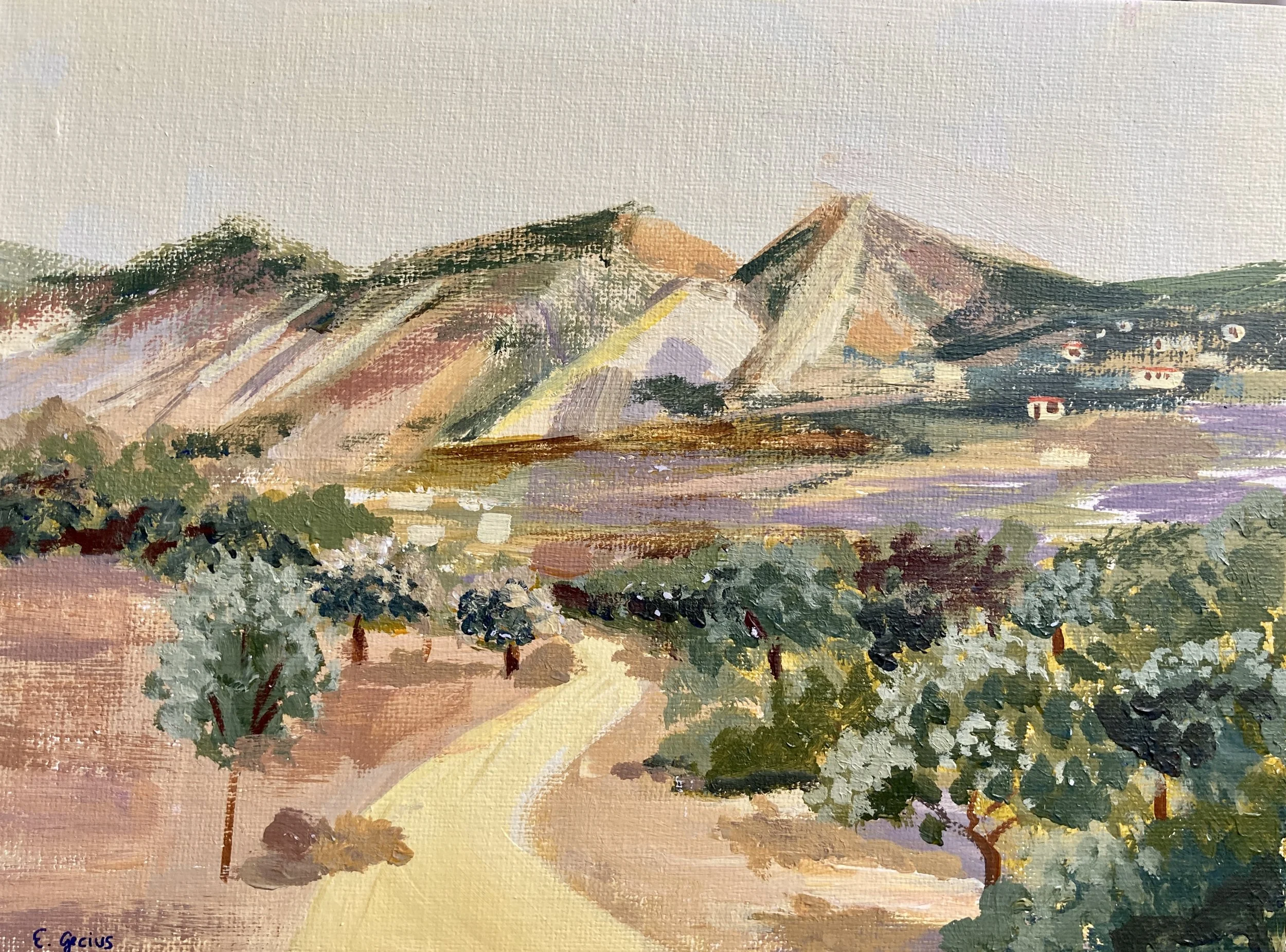 Landschaft mit Hügeln, Bäumen und einem Weg in sanften Pastellfarben, impressionistischer Malstil.