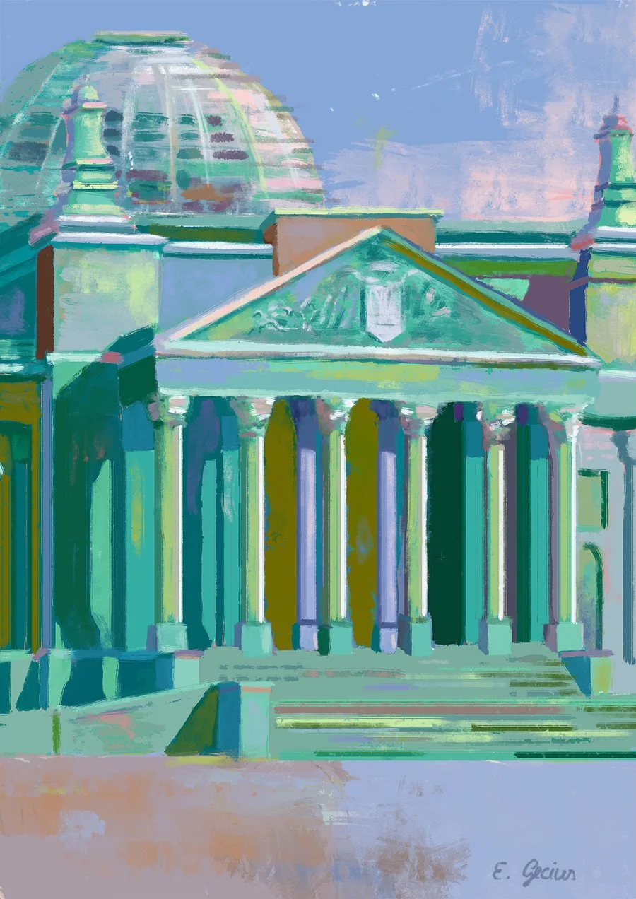 Abstrakte Malerei des Berliner Reichstags, in Blau- und Grüntönen.