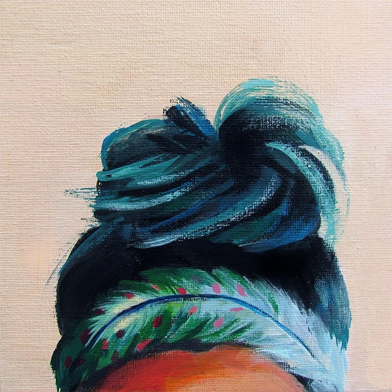 A colorful painting of a woman's hairstyle with a headscarf featuring floral patterns.