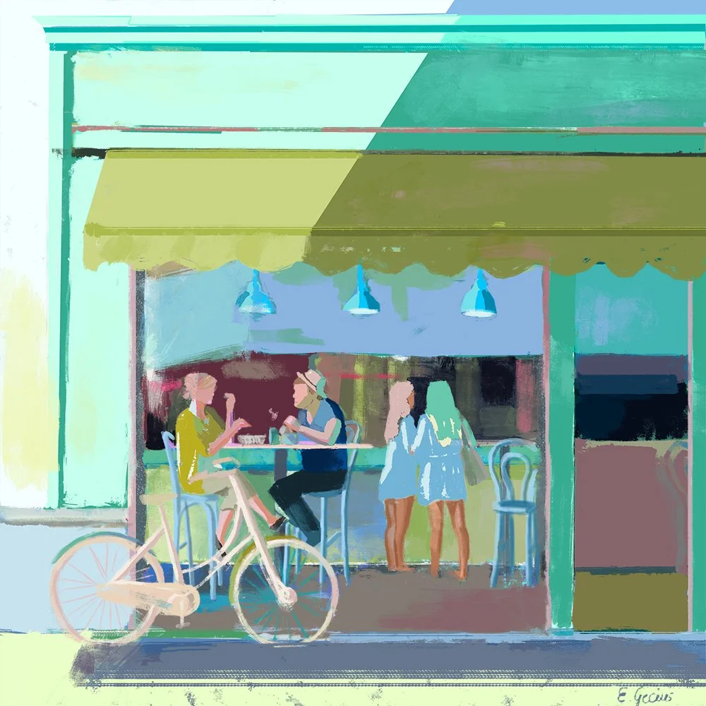 Eine bunte Illustration eines Cafés mit Menschen, die im Inneren und draußen sitzen, ein Fahrrad vor dem Eingang, grüne und blaue Farbtöne, spielerischer Stil.