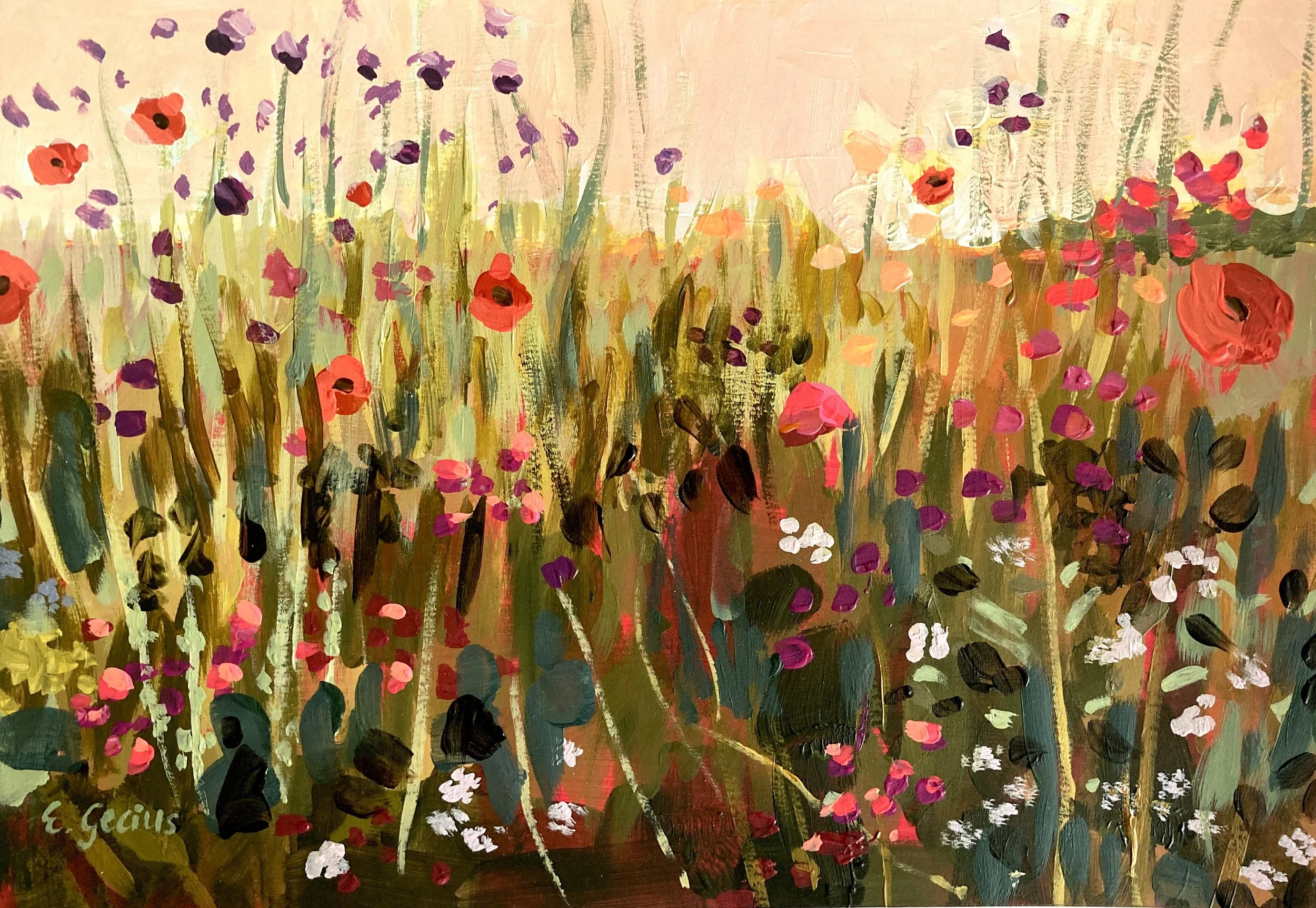 Ein impressionistisches Gemälde eines Blumenfelds mit roten, lila und weißen Blumen, zartem Himmel im Hintergrund